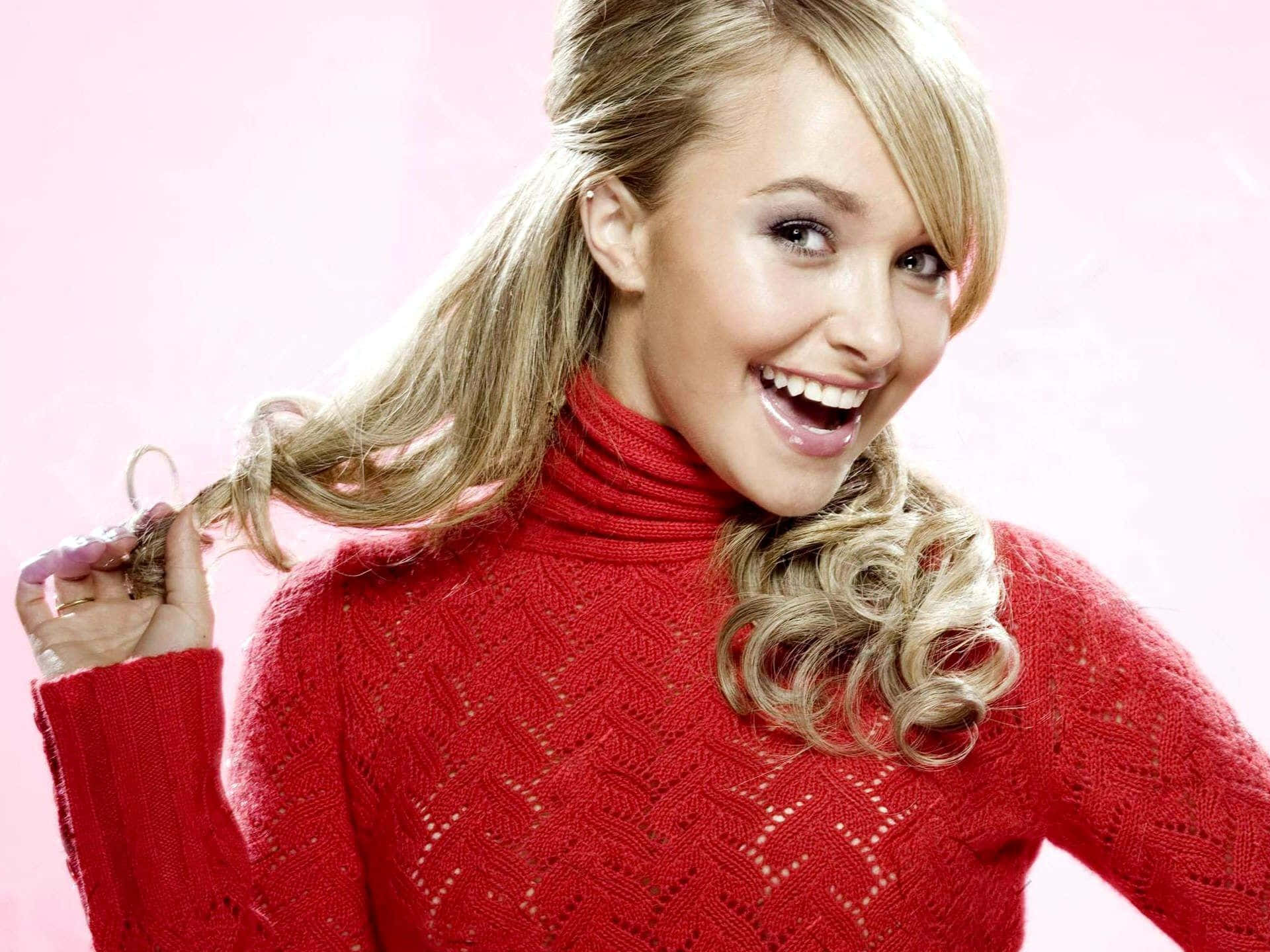 Hayden Panettiere, red turtleneck sweater, curly hair, Full HD Desktop Wallpaper