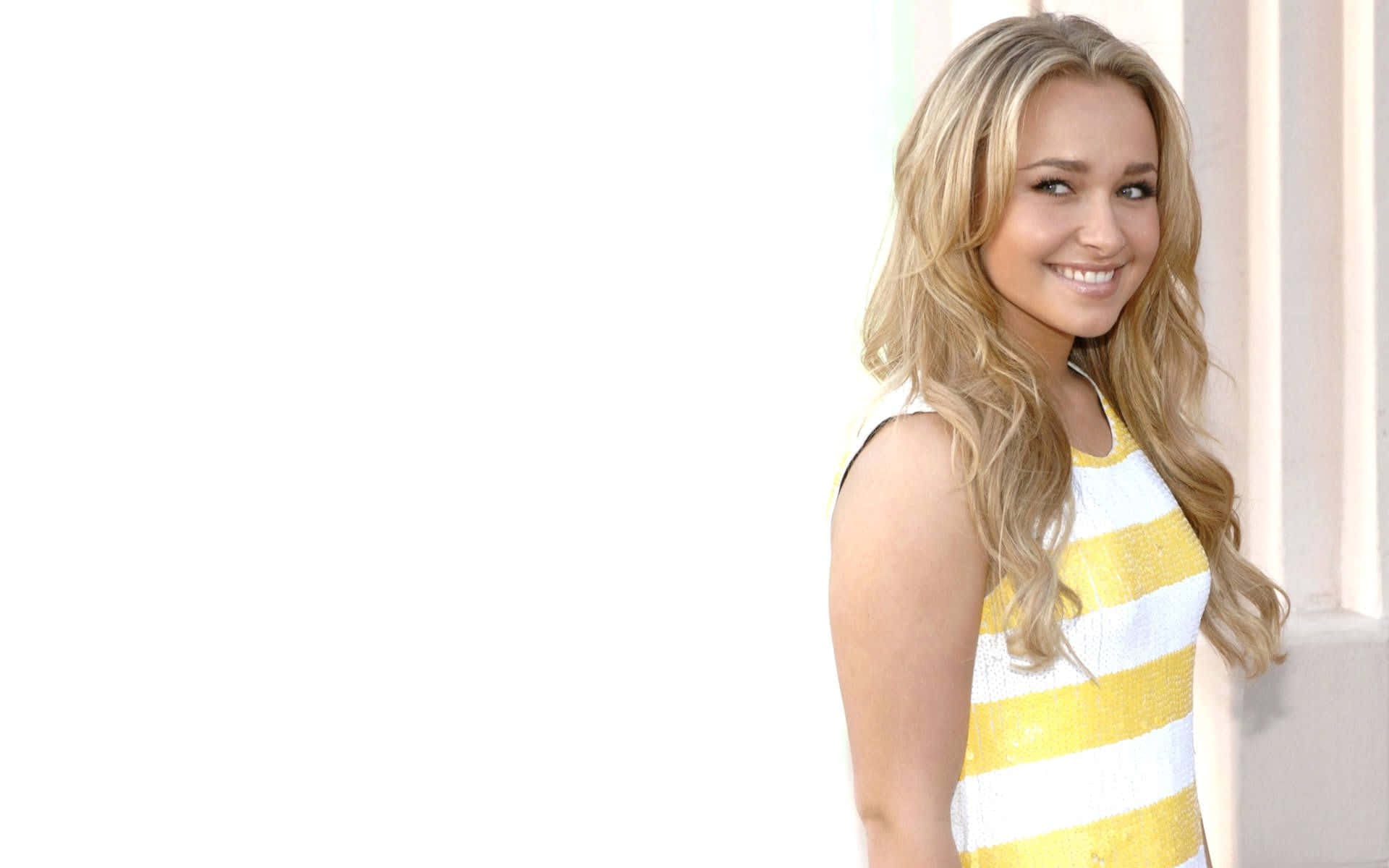 Hayden Panettiere, yellow and white striped dress, bright white background, Full HD Desktop Wallpaper