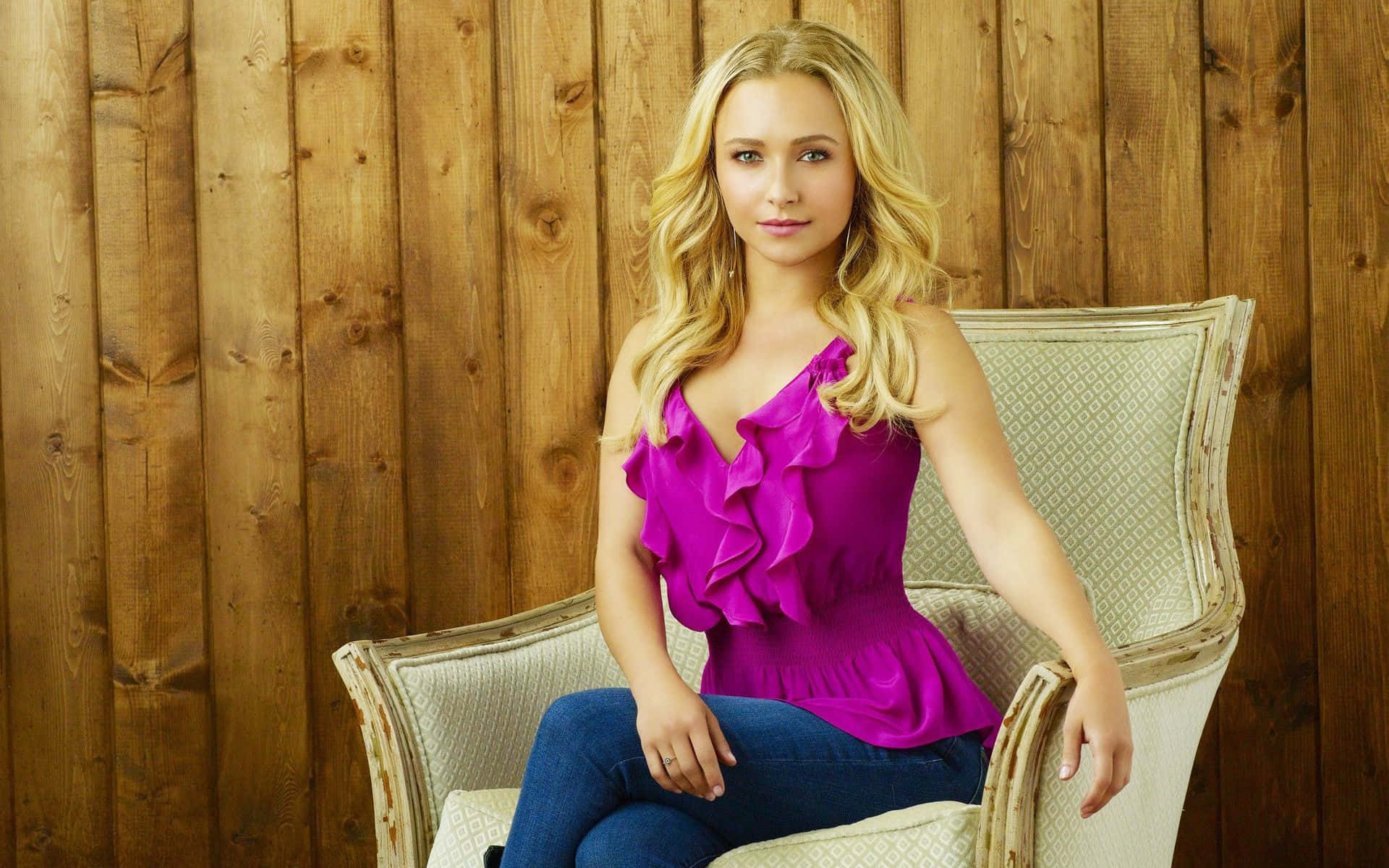 Hayden Panettiere, vibrant magenta ruffled top, ornate cream chair, Full HD Desktop Wallpaper