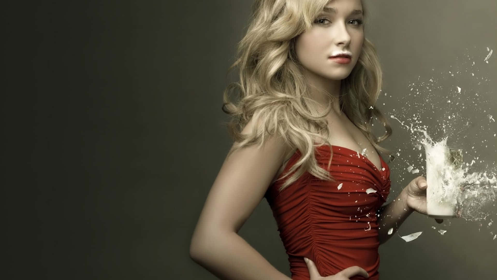 Hayden Panettiere, red dress, shattered glass, Full HD Desktop Wallpaper