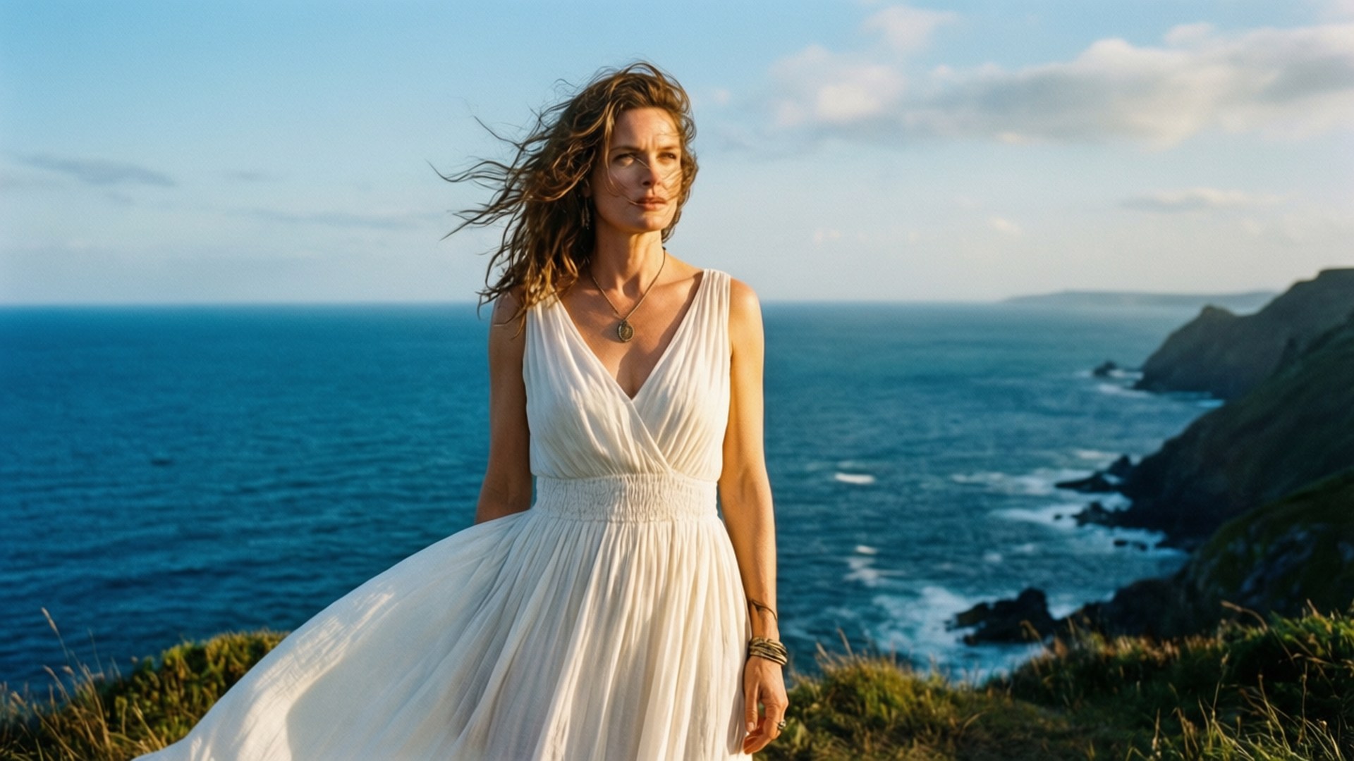 Hayley Atwell, white dress, cliff, Full HD Desktop Wallpaper