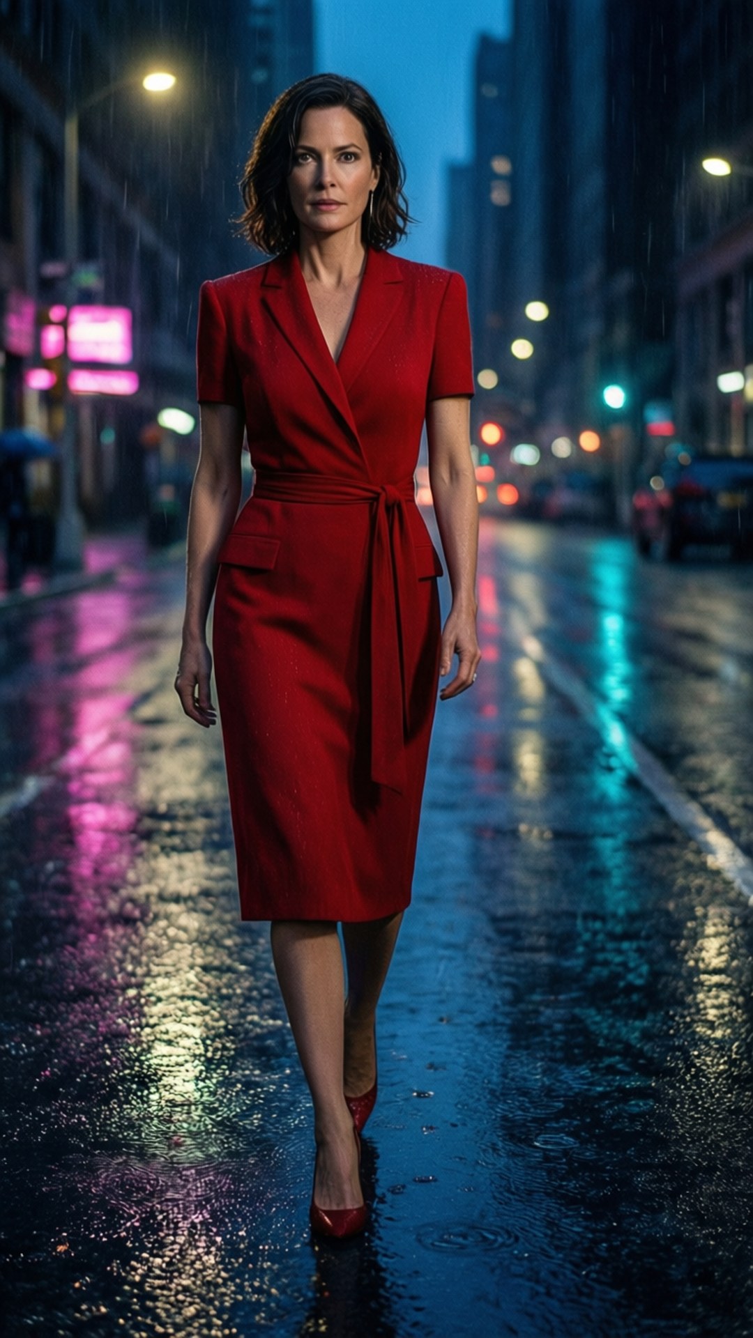 Hayley Atwell, red dress, neon lights, Full HD Phone Wallpaper
