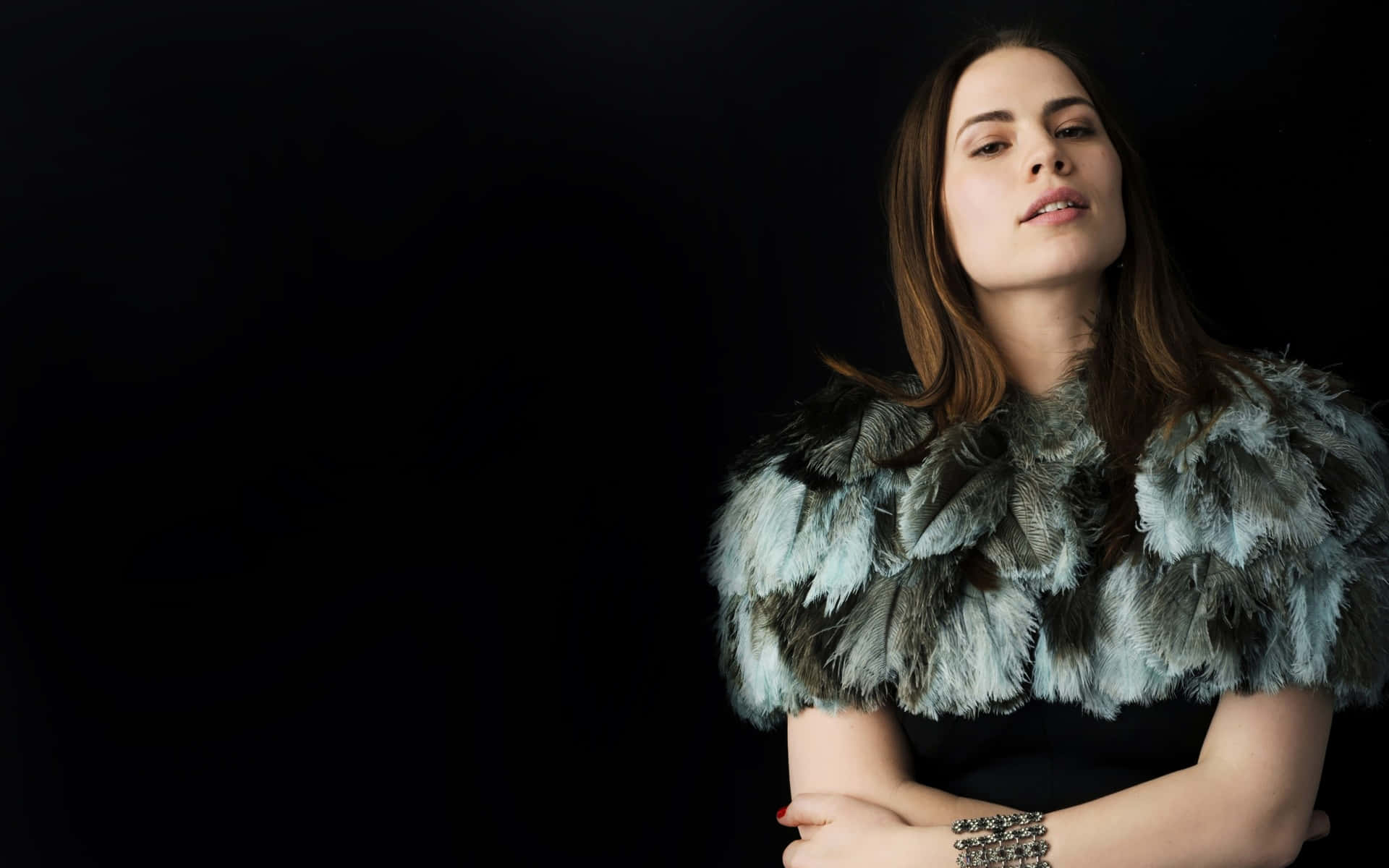 Hayley Atwell, feathered gray and white cape, stark black background, Full HD Desktop Wallpaper