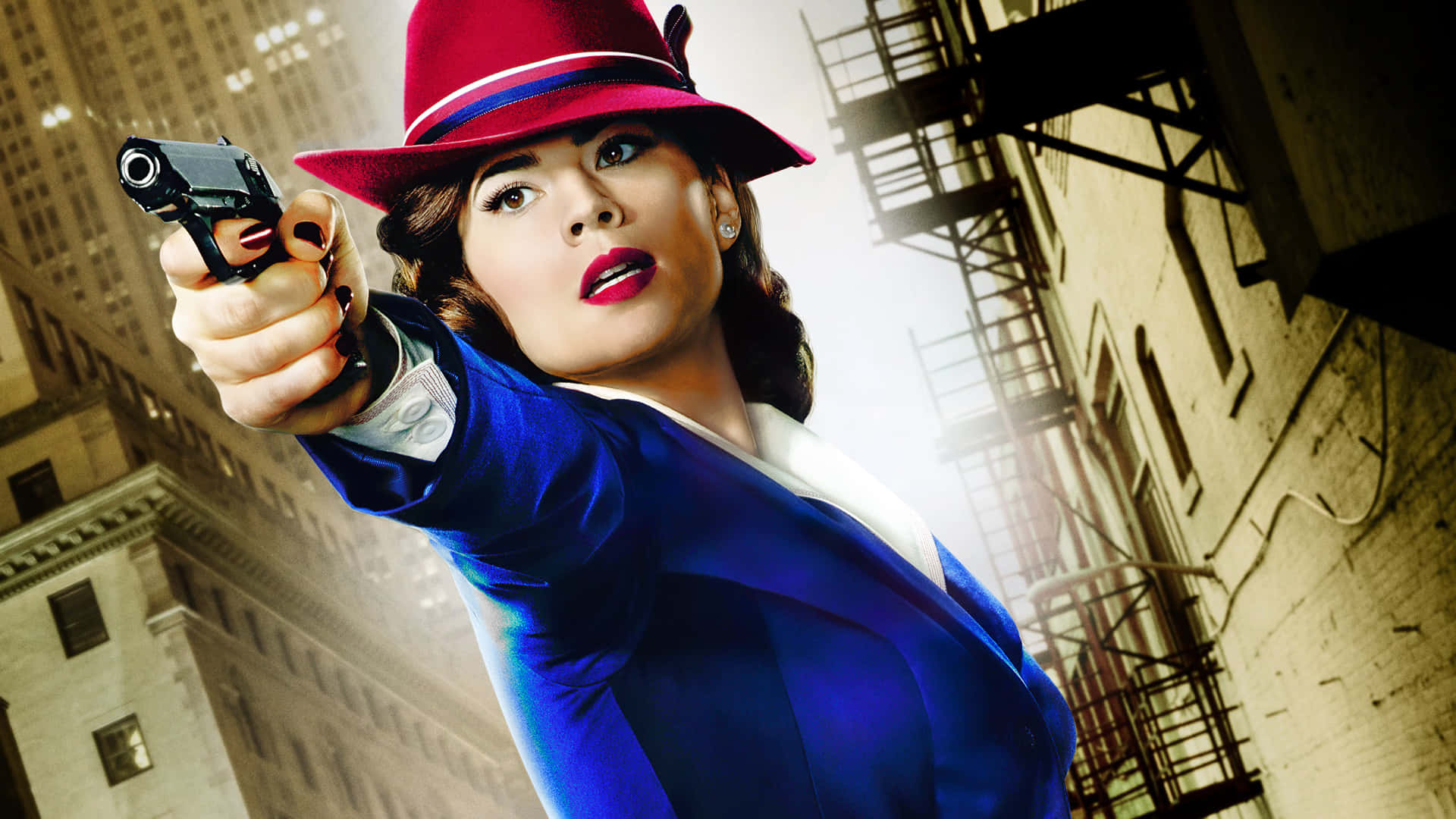 Hayley Atwell, red hat, blue suit, Full HD Desktop Wallpaper