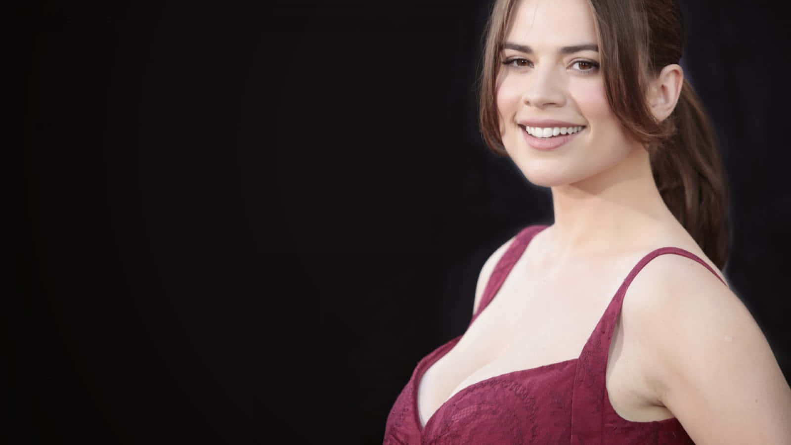 Hayley Atwell, deep red lace dress, stark black background, HD Desktop Wallpaper
