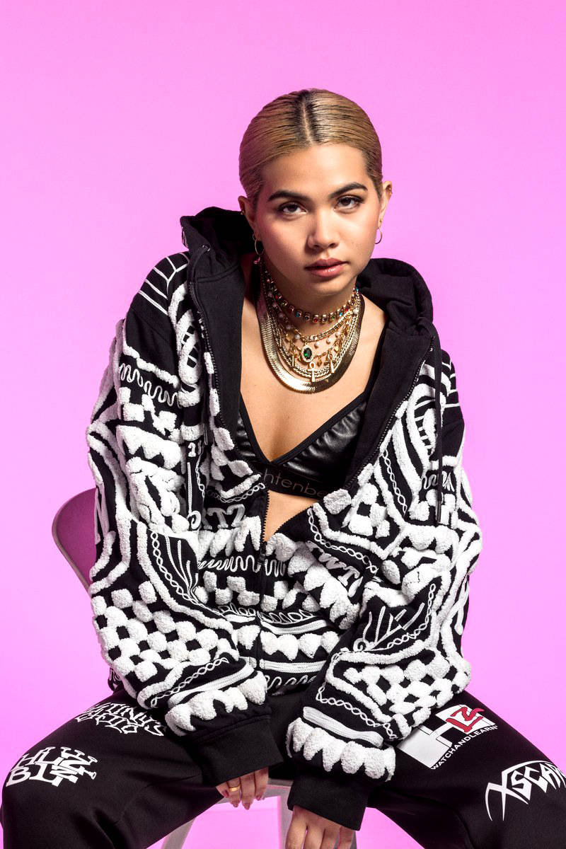 Hayley Kiyoko, black and white patterned hoodie, layered necklaces, SD Phone Wallpaper