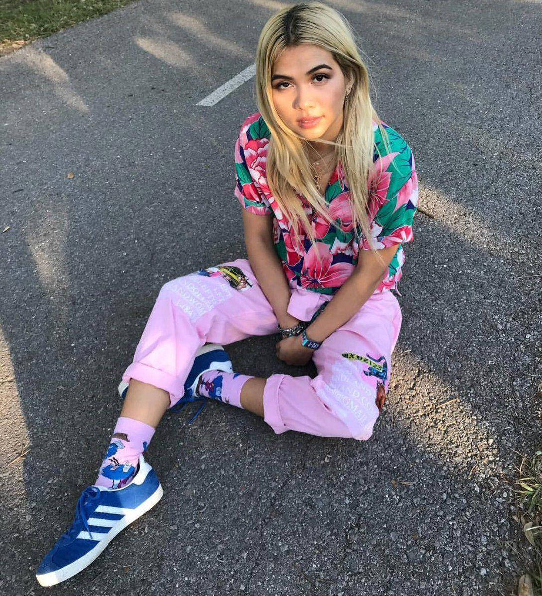 Hayley Kiyoko, asphalt road, vibrant floral shirt, SD Phone Wallpaper