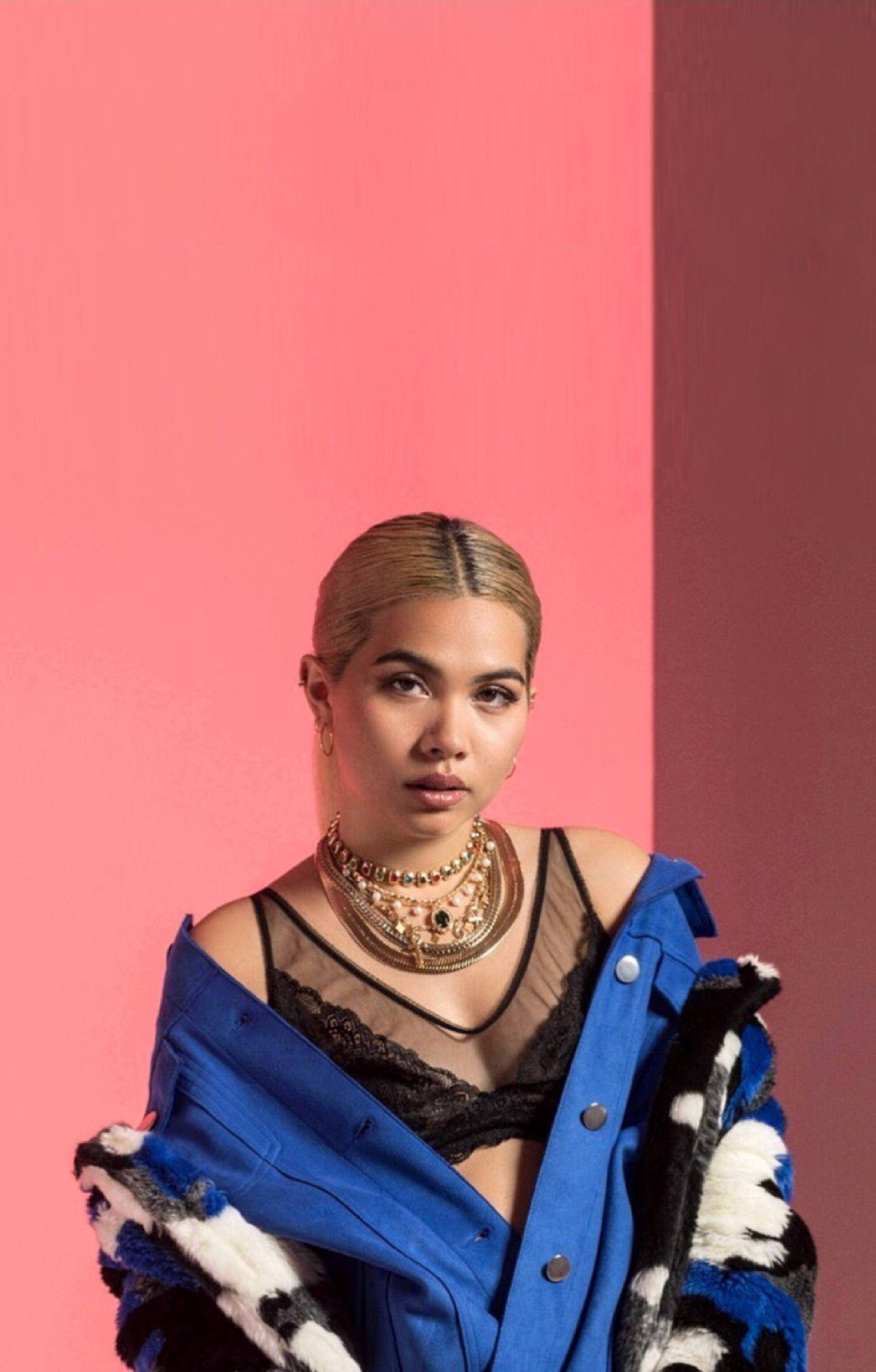 Hayley Kiyoko, layered gold necklaces, blue jacket, 2K Phone Wallpaper