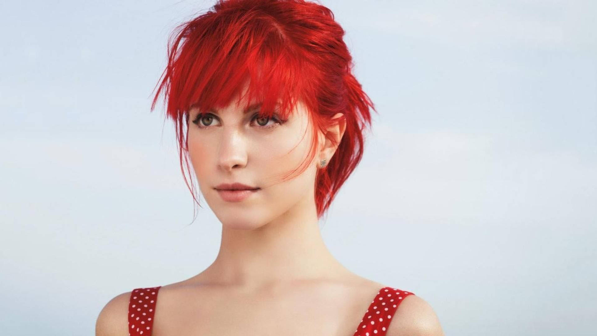 Hayley Williams, vibrant red hair, red polka-dot top, Full HD Desktop Wallpaper