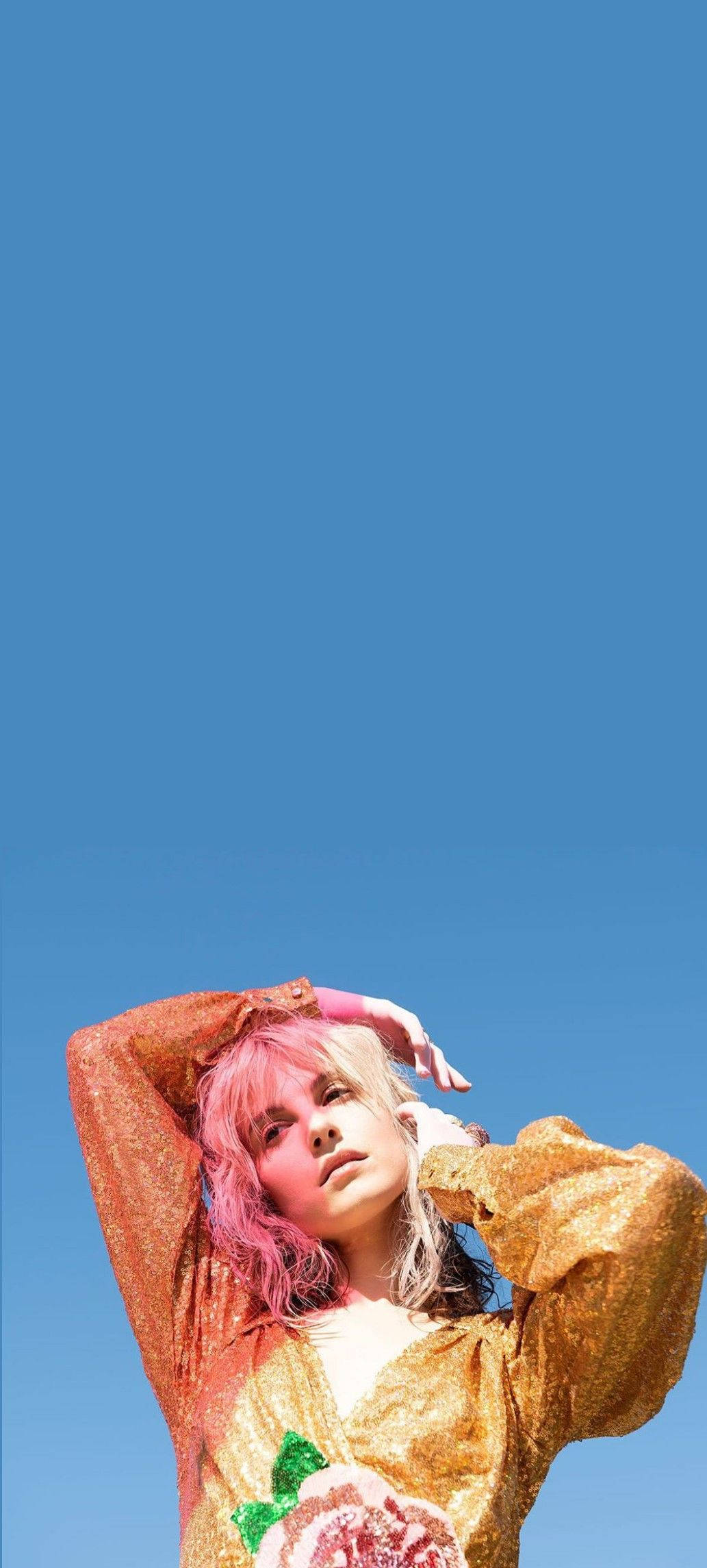 Hayley Williams, pink hair, glittering gold top, Full HD Phone Wallpaper