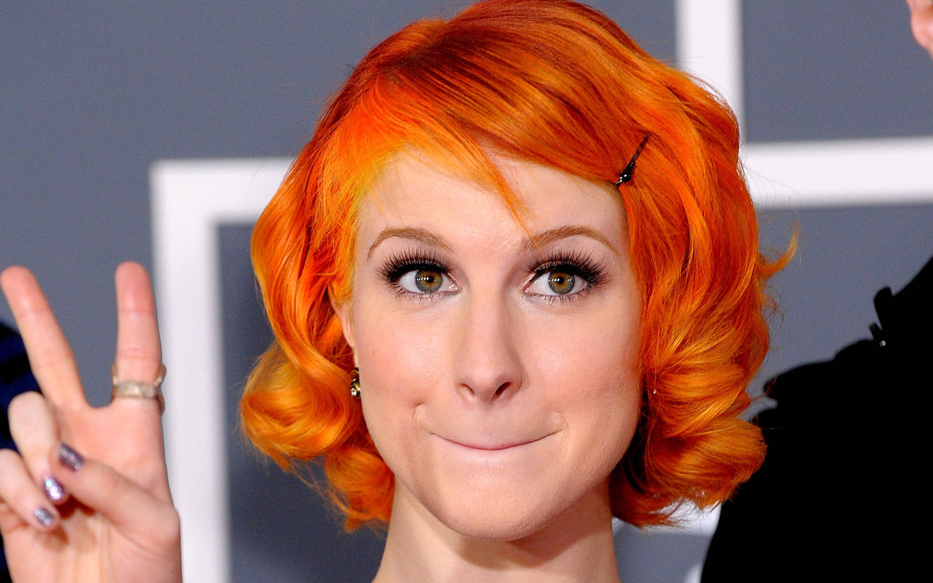 Hayley Williams, vibrant orange curly hair, peace sign, Full HD Desktop Wallpaper