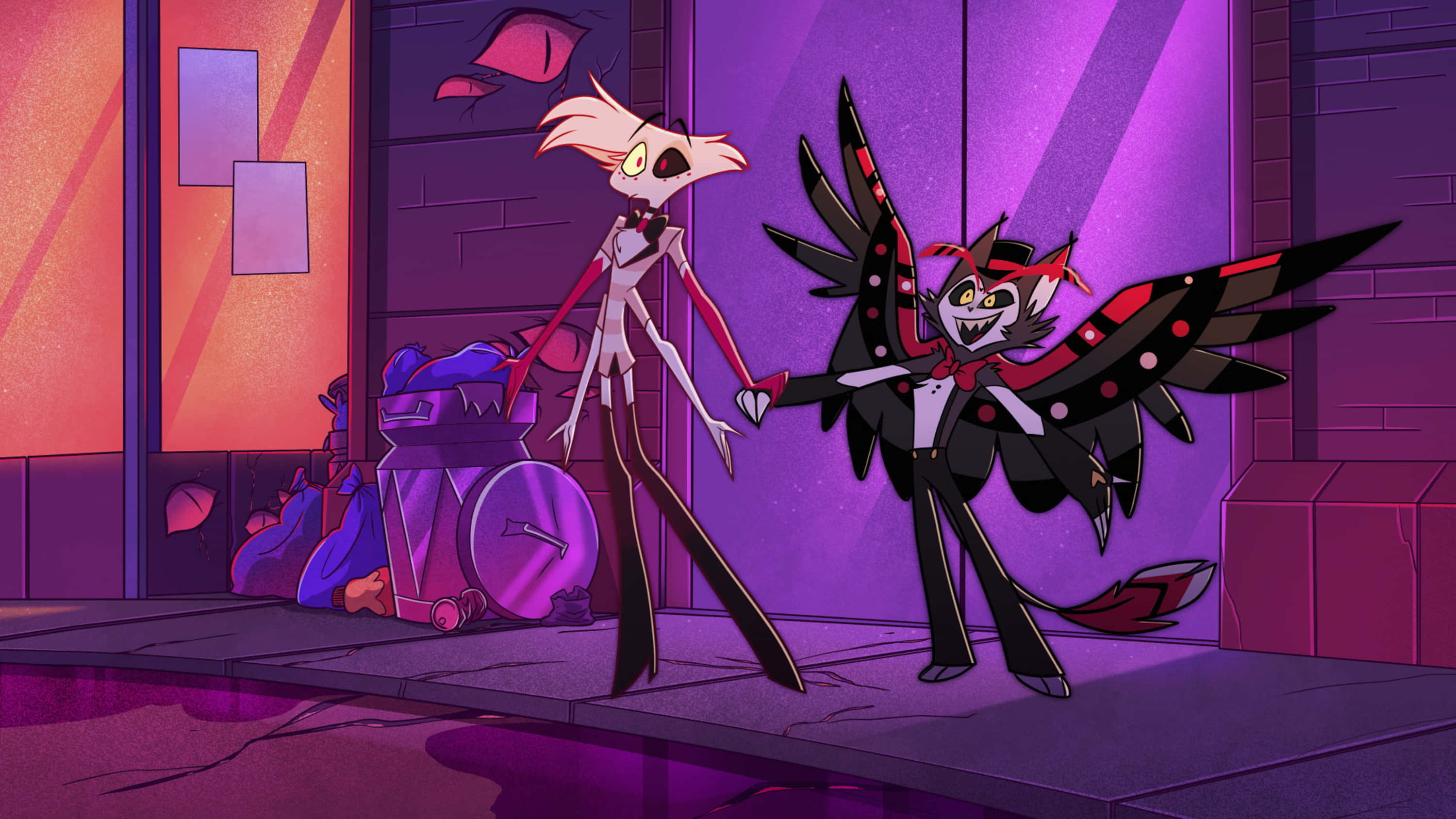Hazbin Hotel Characters, purple hues, neon-lit street corner, 2K Desktop Wallpaper