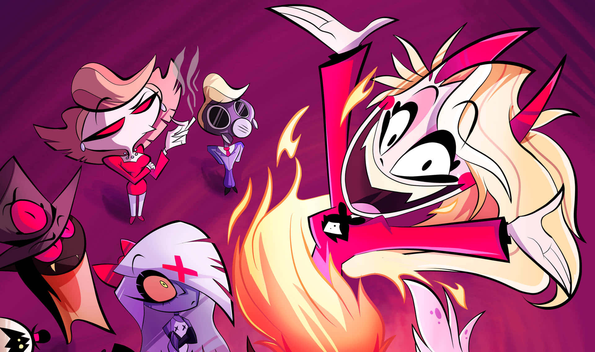 Hazbin Hotel, pink horns, wings, Full HD Desktop Wallpaper