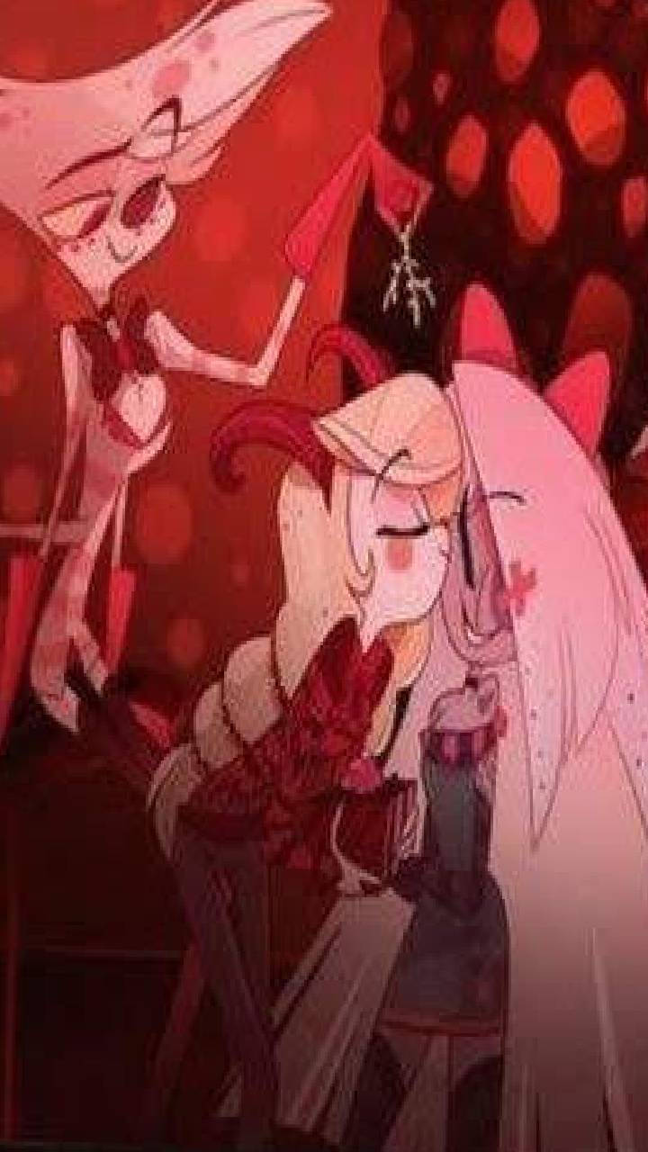 Hazbin Hotel, mistletoe kiss, dim red room, HD Phone Wallpaper