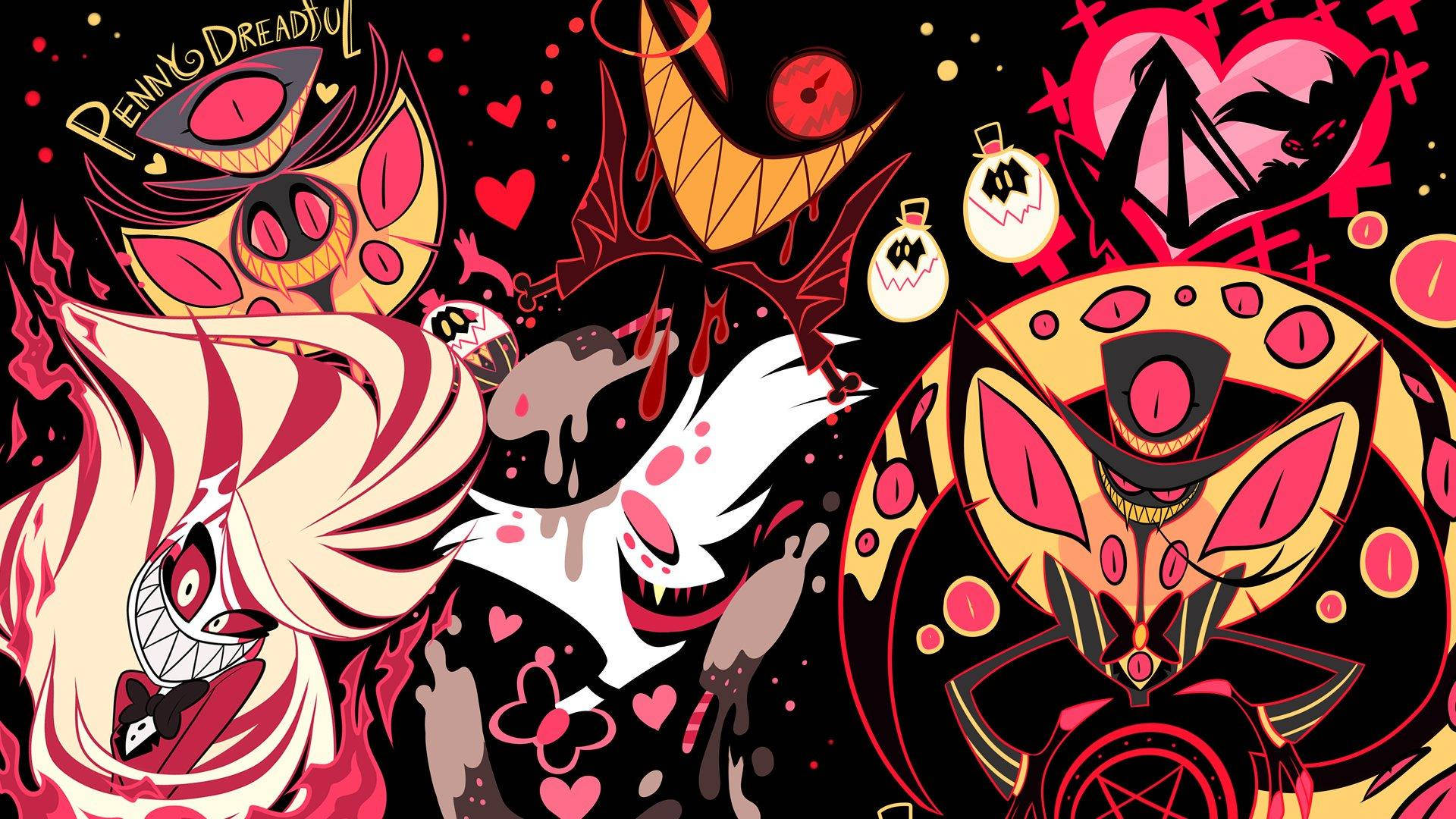 Hazbin Hotel, black background, red and yellow accents, Full HD Desktop Wallpaper