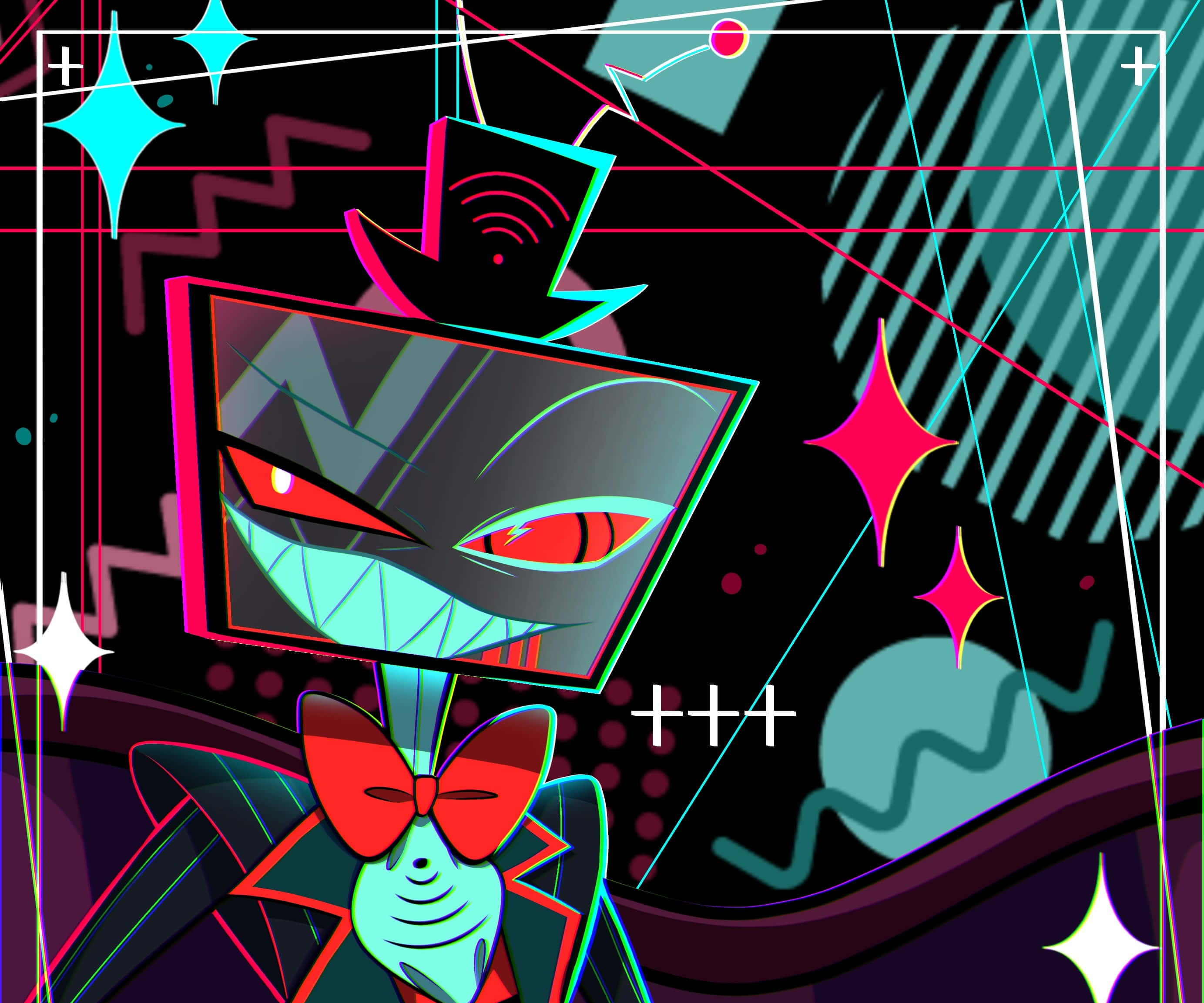 Hazbin Hotel, neon cyberpunk background, geometric shapes, 2K Desktop Wallpaper