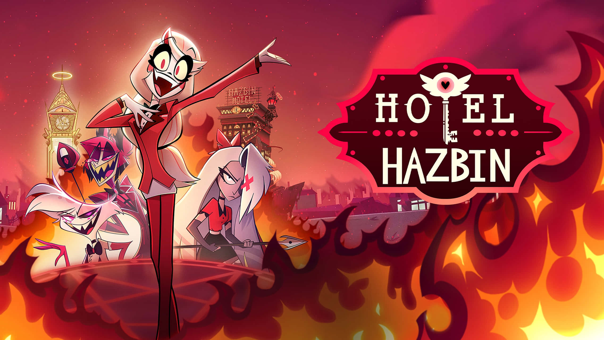 Hazbin Hotel, demonic characters, burning cityscape, 2K Desktop Wallpaper