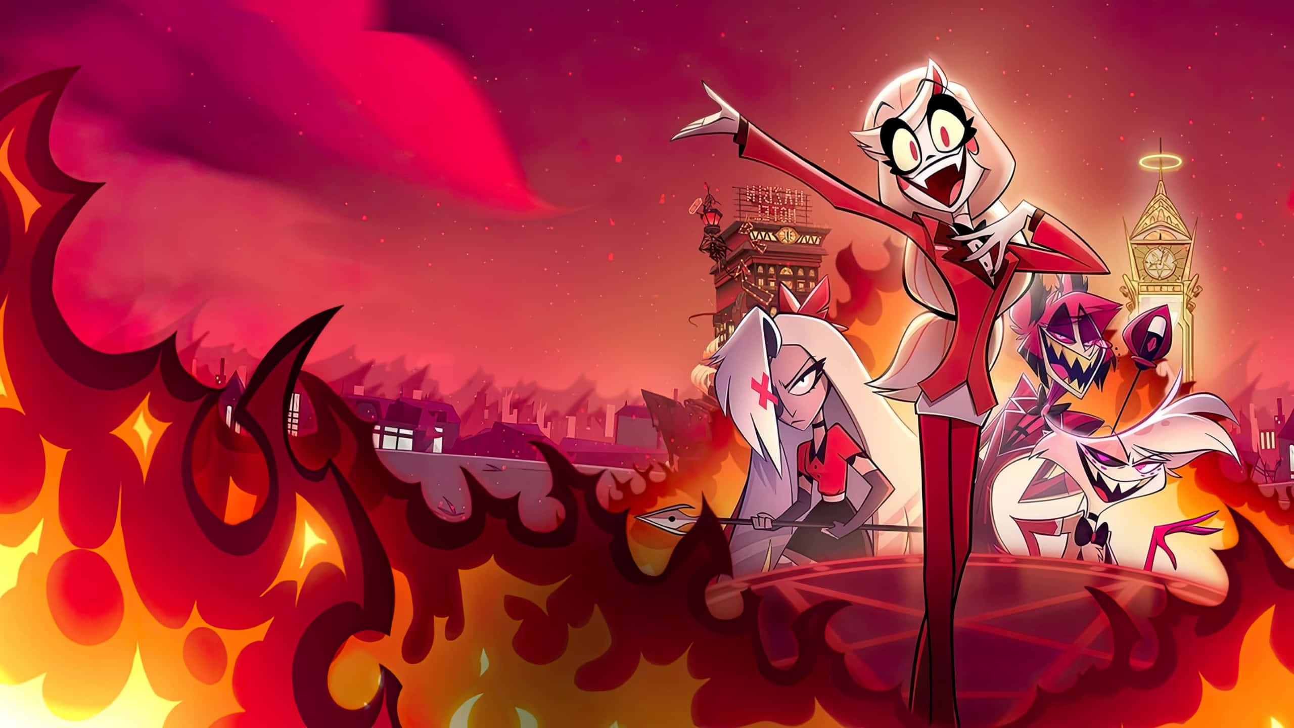 Hazbin Hotel, animated characters, fiery urban landscape, 2K Desktop Wallpaper