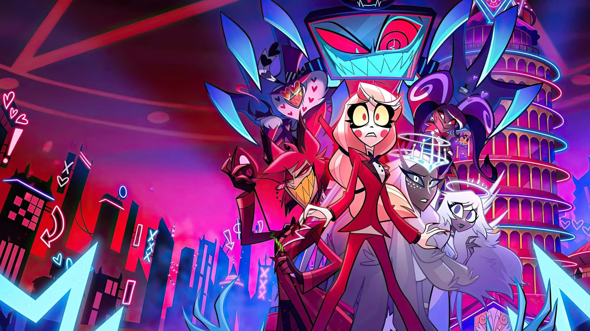 Hazbin Hotel, anime characters, red and purple neon cityscape, Full HD Desktop Wallpaper
