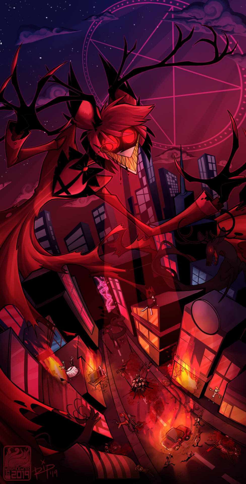 Hazbin Hotel, red demonic figure, antlers, Full HD Phone Wallpaper