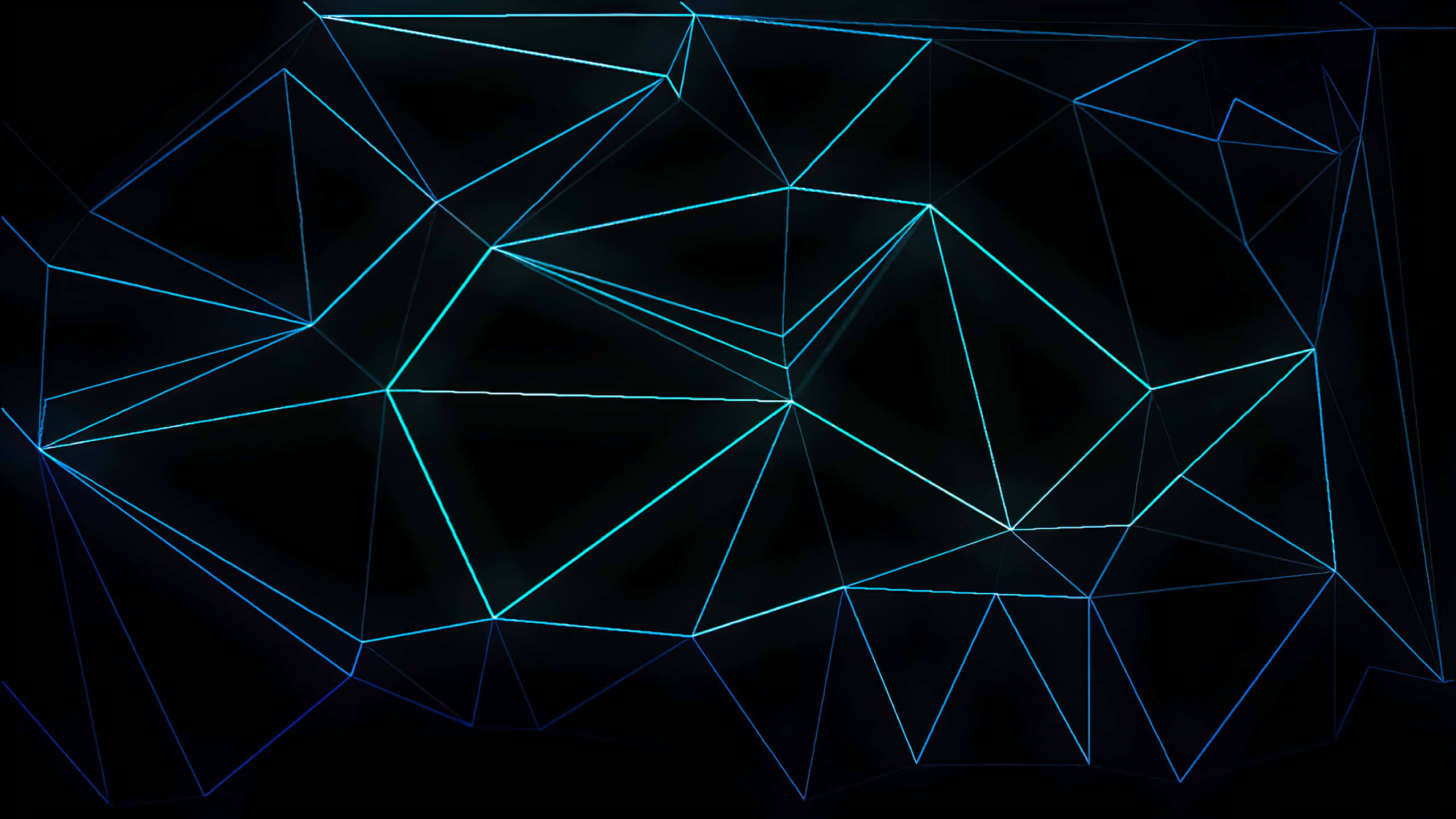 glowing blue neon lines, interconnected geometric shapes, black background, 2K Desktop Wallpaper