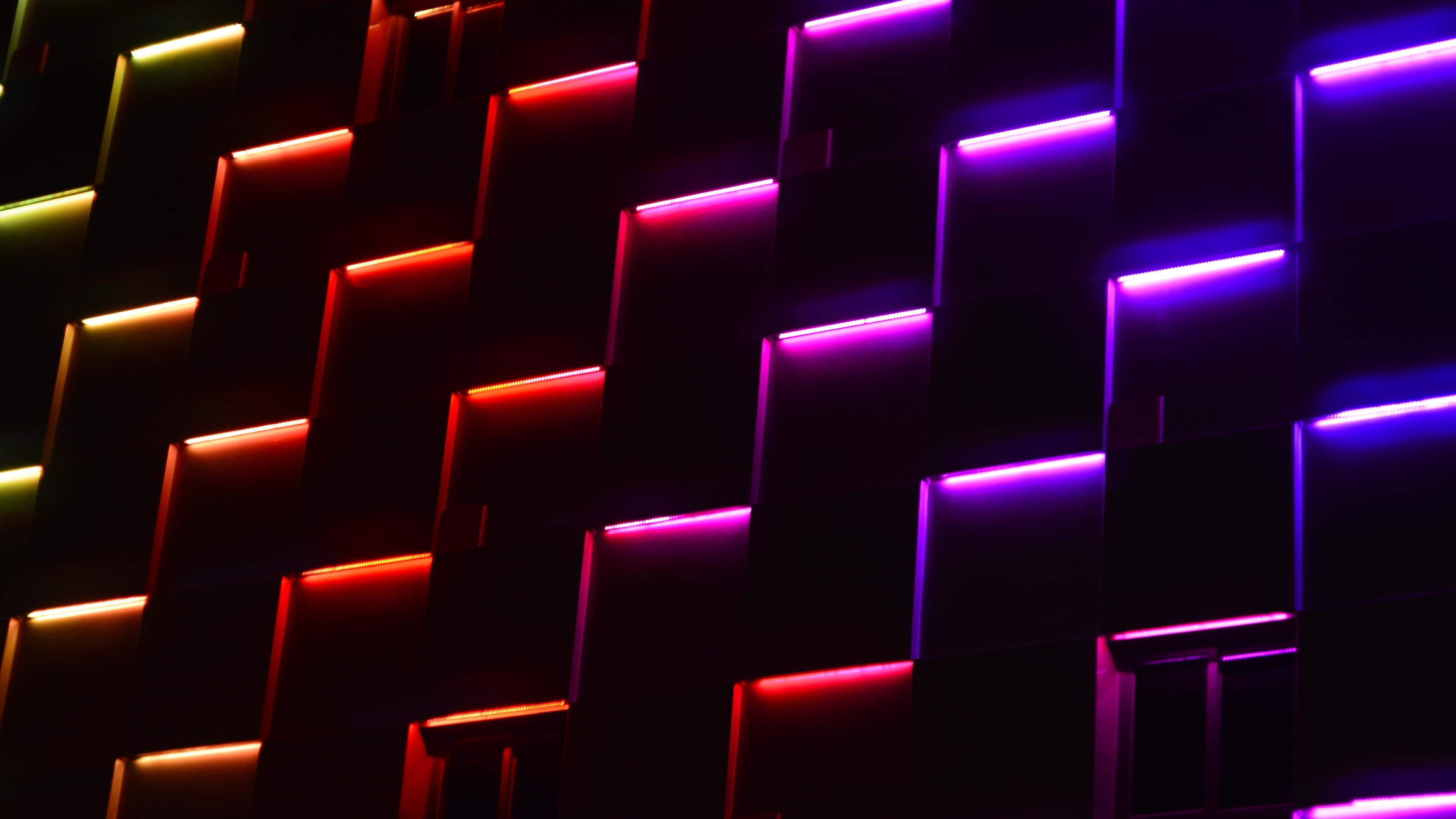 abstract neon, glowing geometric cubes, vibrant red purple and yellow neon light, 4K Desktop Wallpaper