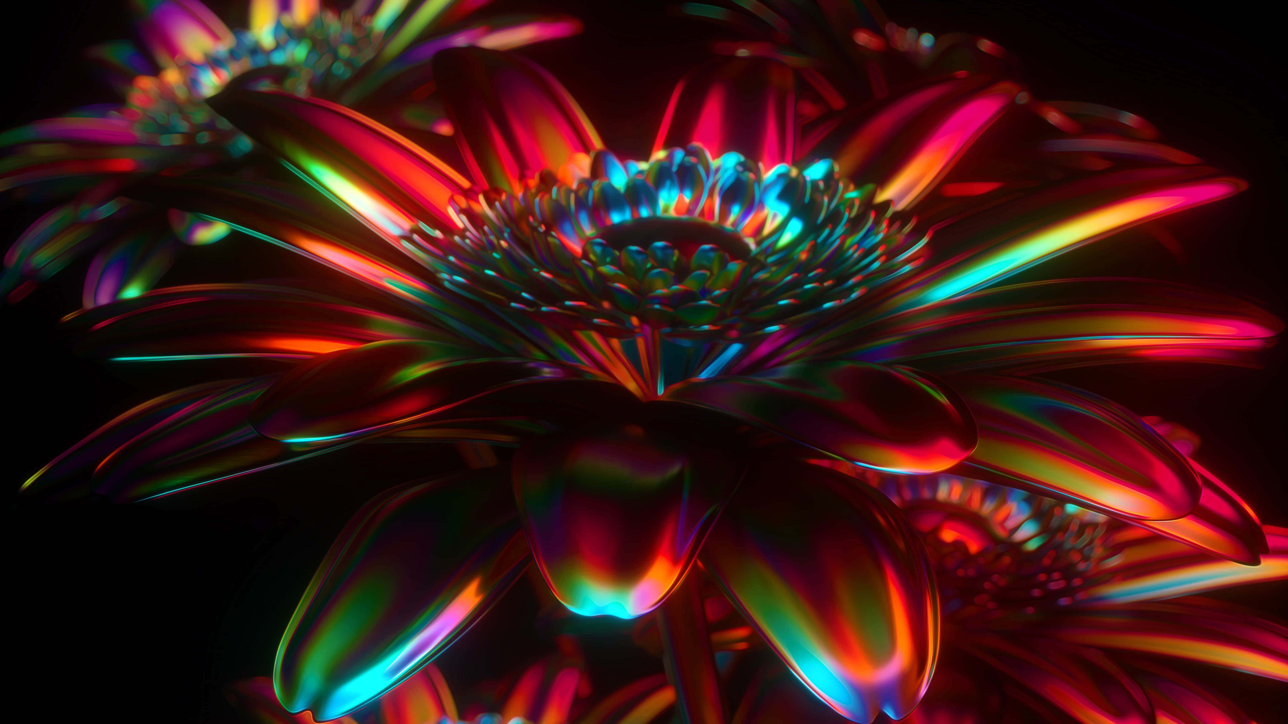 neon rainbow hues, iridescent petals, hyperrealistic digital flower, 5K Desktop Wallpaper