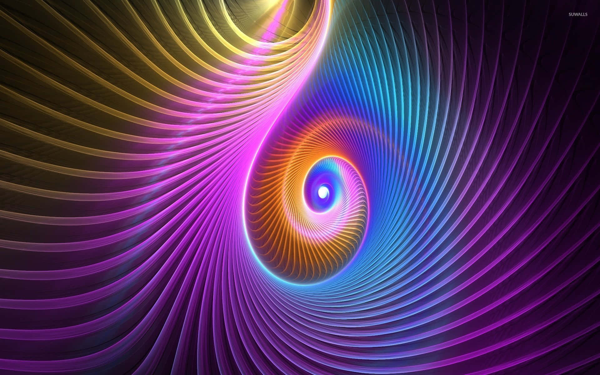 neon spiral tunnel, glowing yellow pink and blue lines, radiant center, Full HD Desktop Wallpaper