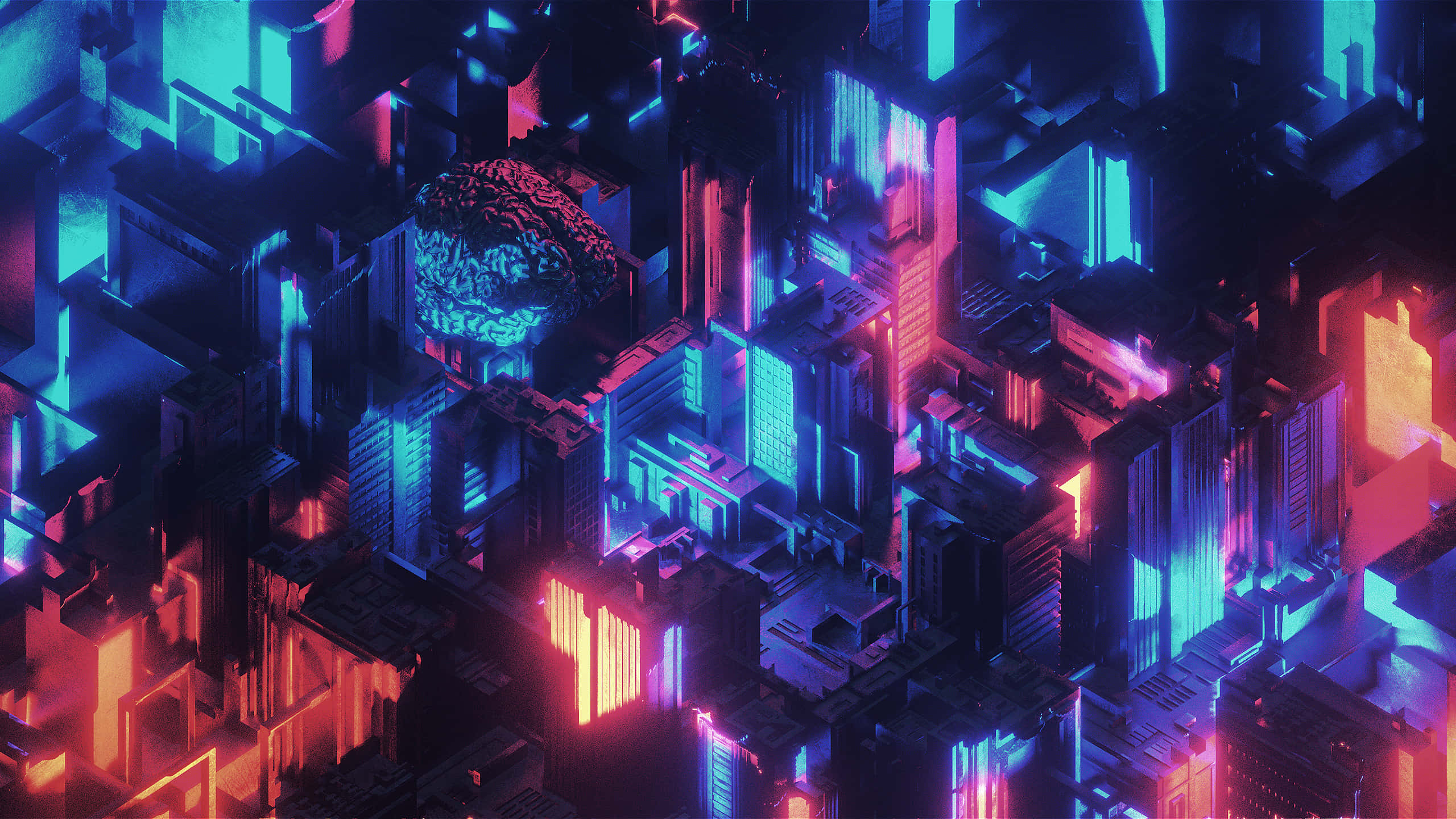 neon blue, pink skyscrapers, brain-shaped structure, 2K Desktop Wallpaper