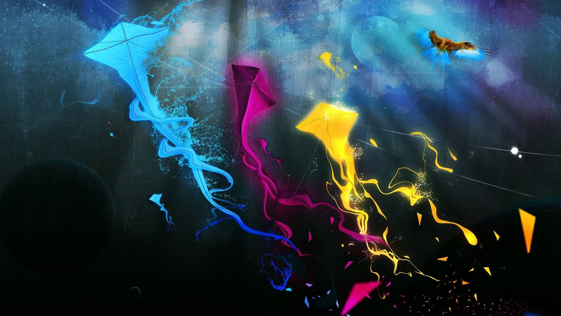 HD Abstract, vivid swimming kites, cosmic night sky, Full HD Desktop Wallpaper