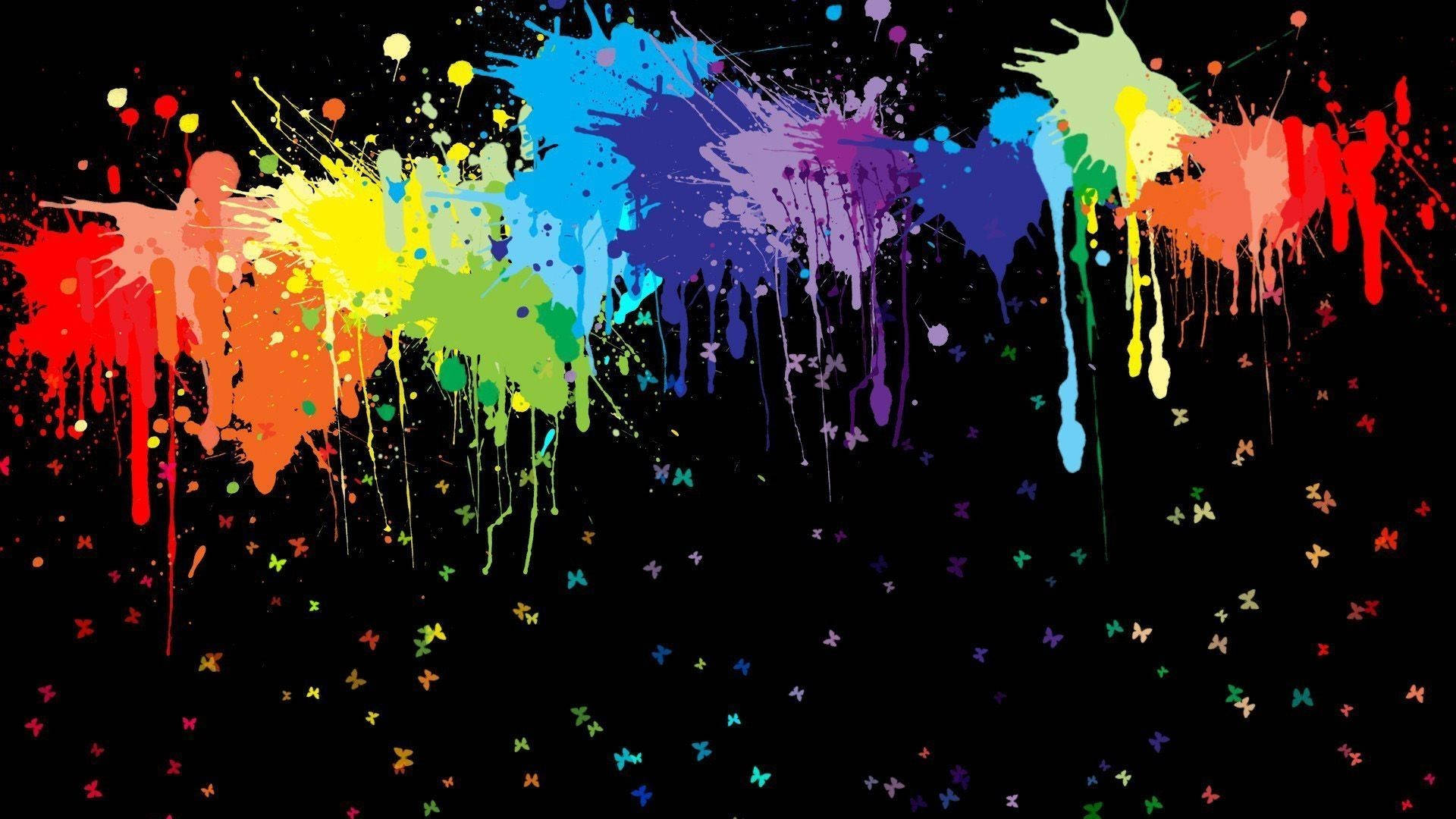 rainbow paint splatters, black canvas, colorful butterflies, Full HD Desktop Wallpaper