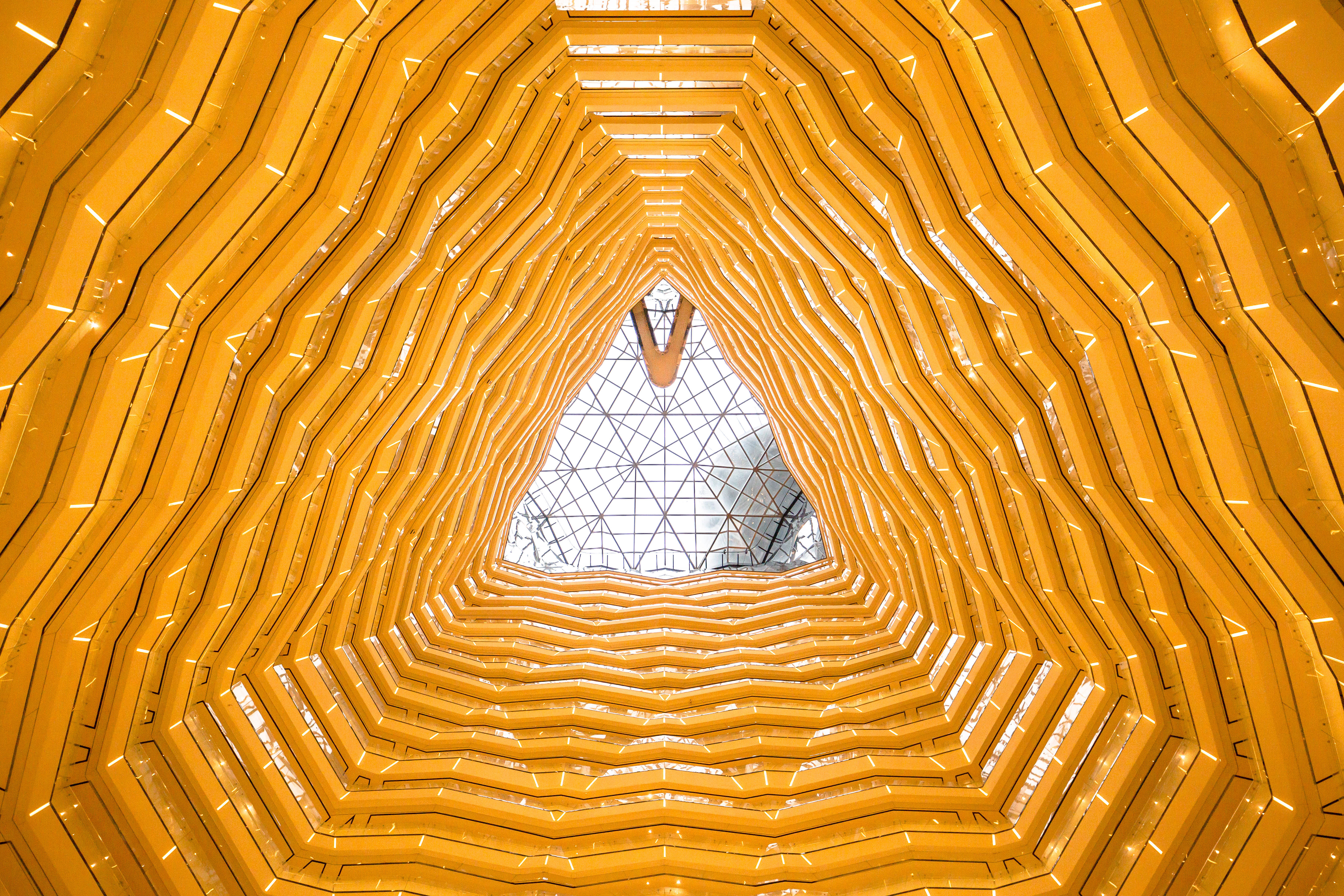 yellow triangles, hexagonal architectural tunnel, glass dome ceiling, 5K Desktop Wallpaper