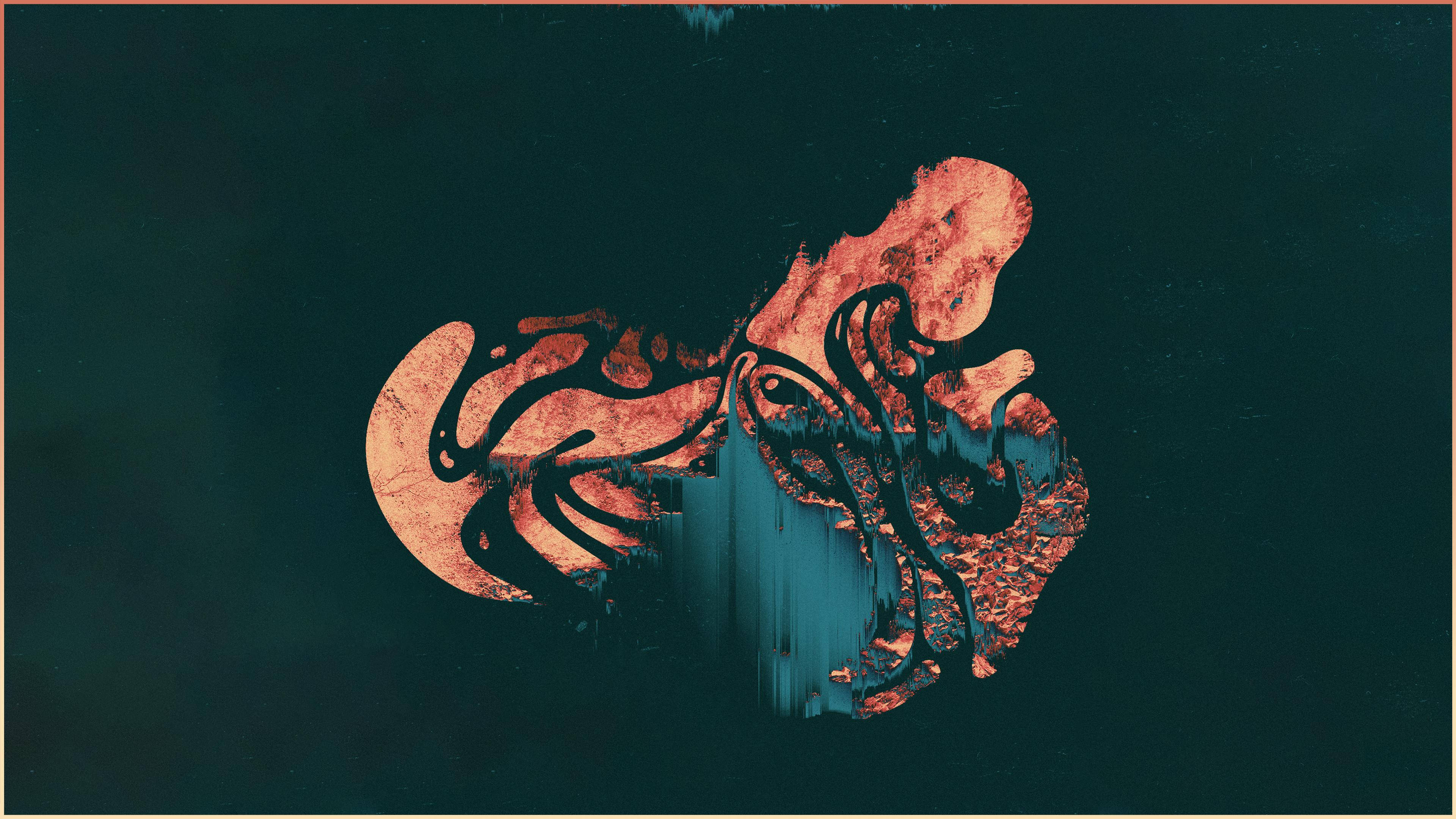 glowing orange octopus, black outlines, dark teal background, 4K Desktop Wallpaper
