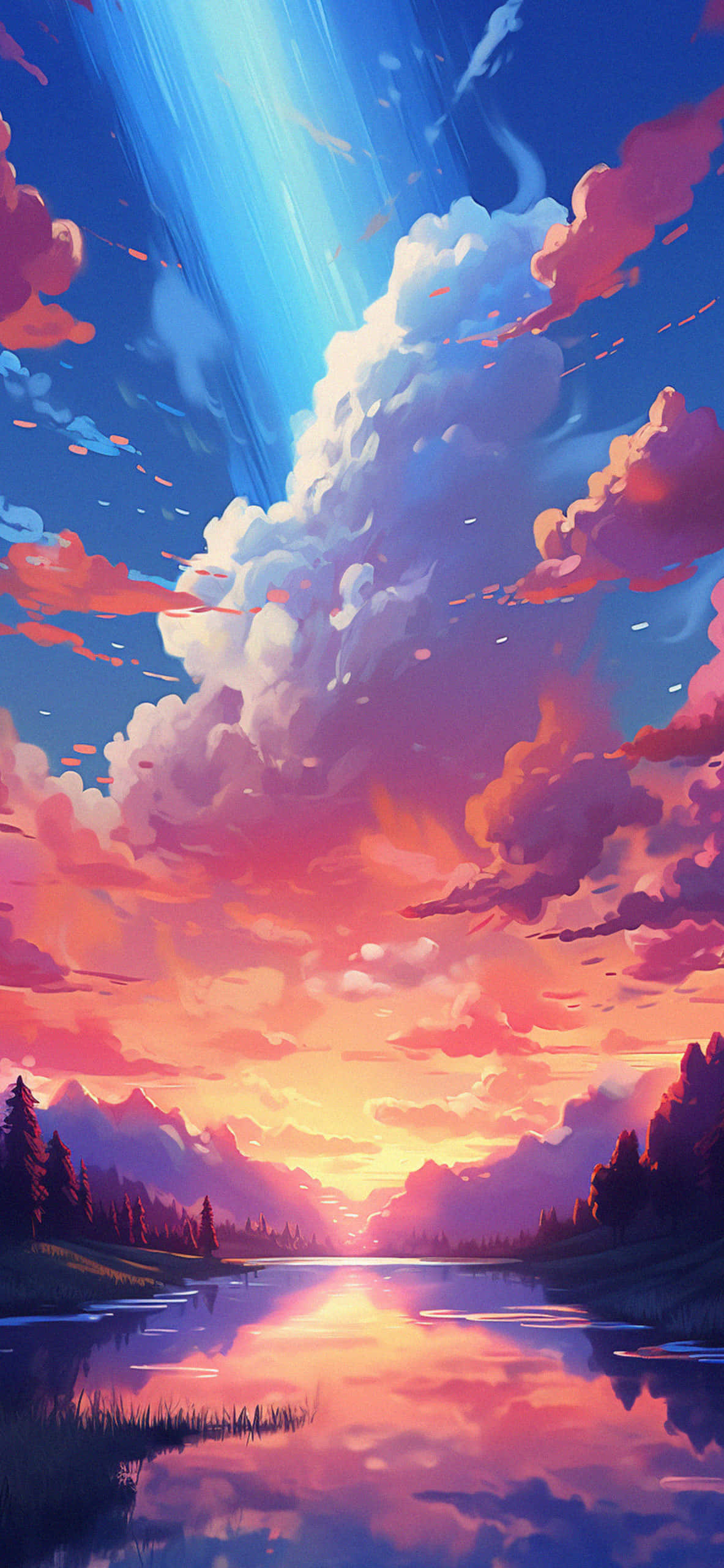 vibrant sunset, lake, pink purple and blue clouds, 2K Phone Wallpaper