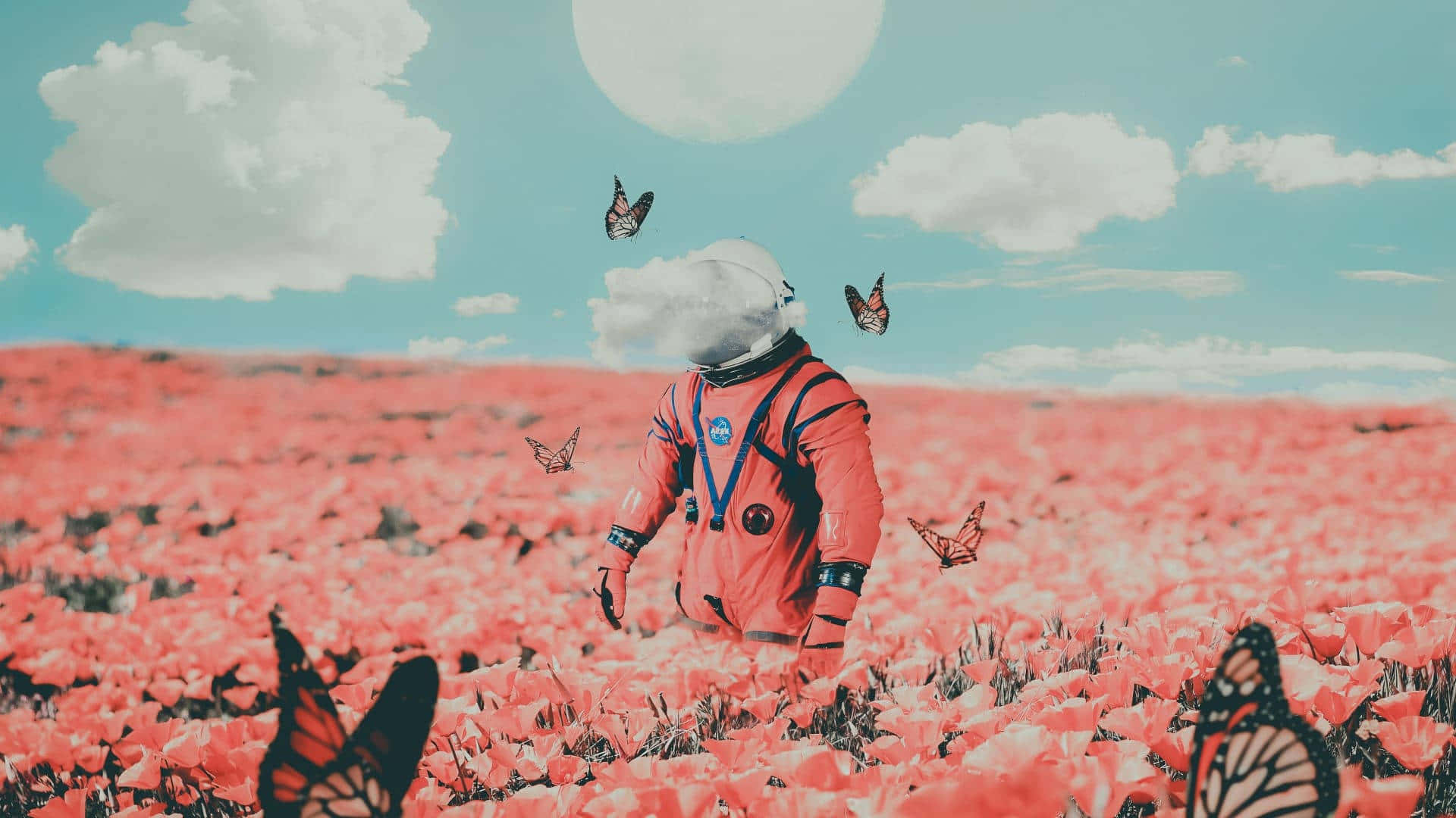 astronaut, red suit, pink flowers, Full HD Desktop Wallpaper