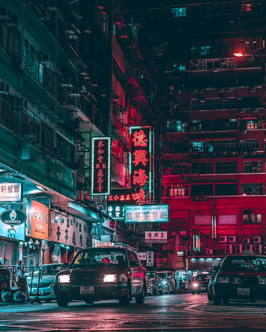 neon-lit street, urban area, red and teal signs, SD Phone Wallpaper