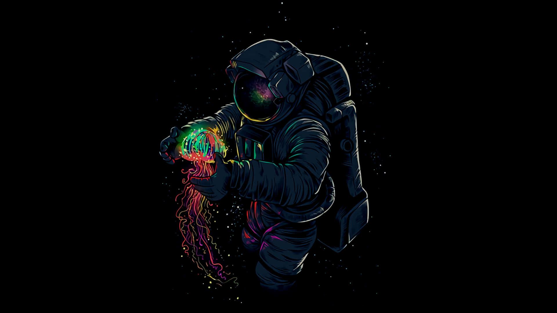 astronaut, dark suit, glowing neon jellyfish, Full HD Desktop Wallpaper