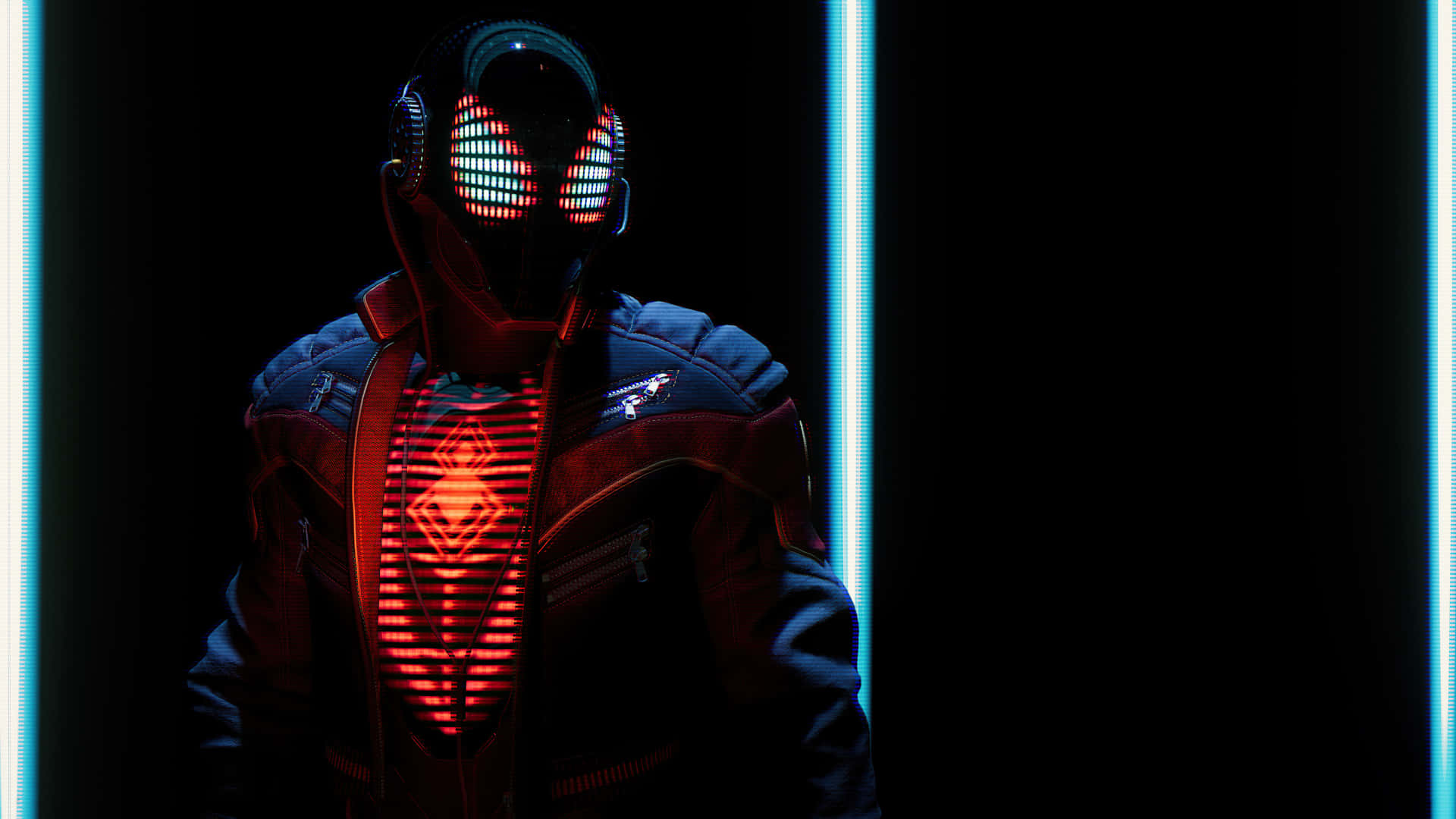 HD Amoled, glowing red and blue armored suit, neon light strips, Full HD Desktop Wallpaper