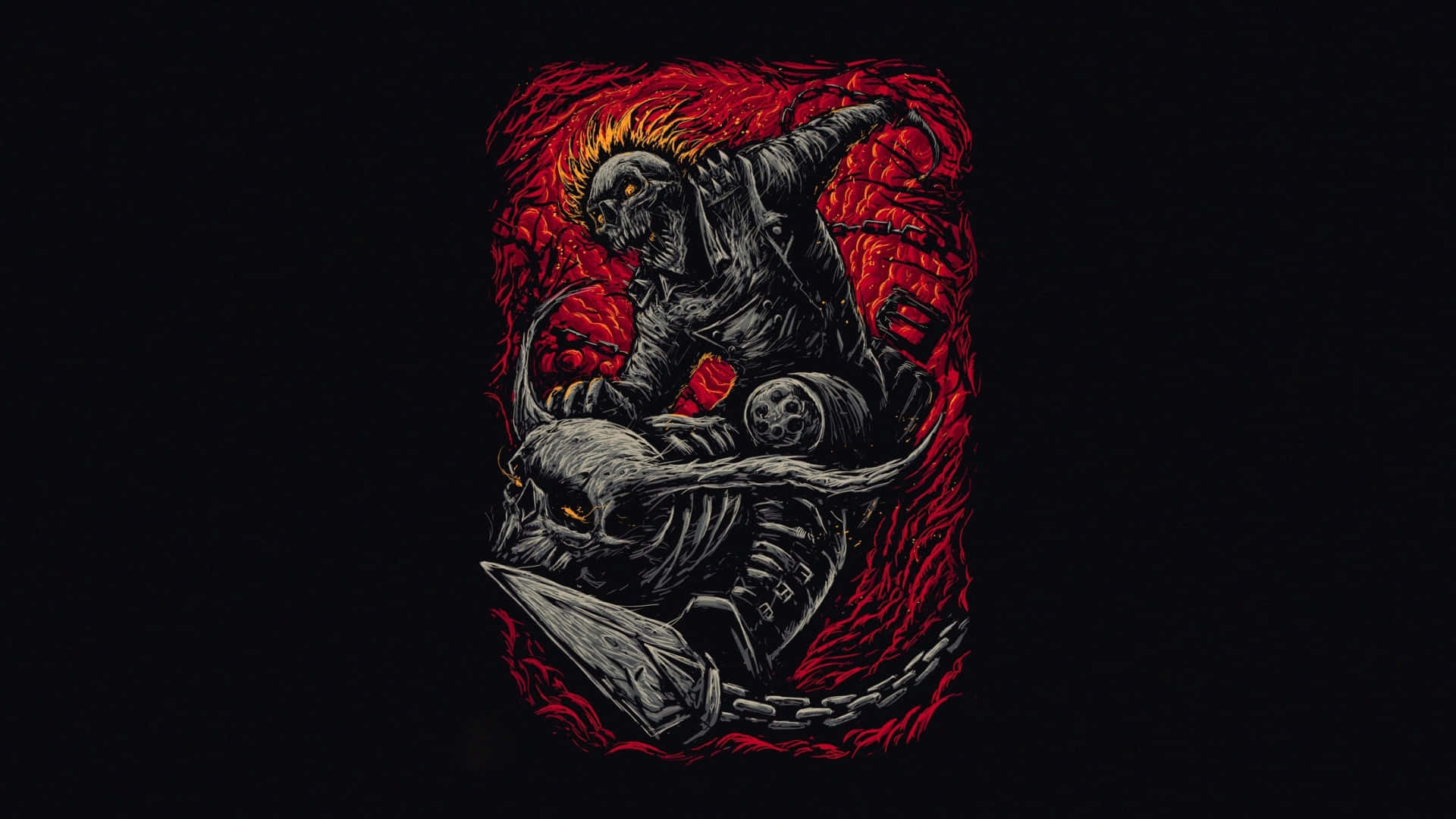 black and red tattoo, demon riding a horse, skeletal figure, Full HD Desktop Wallpaper