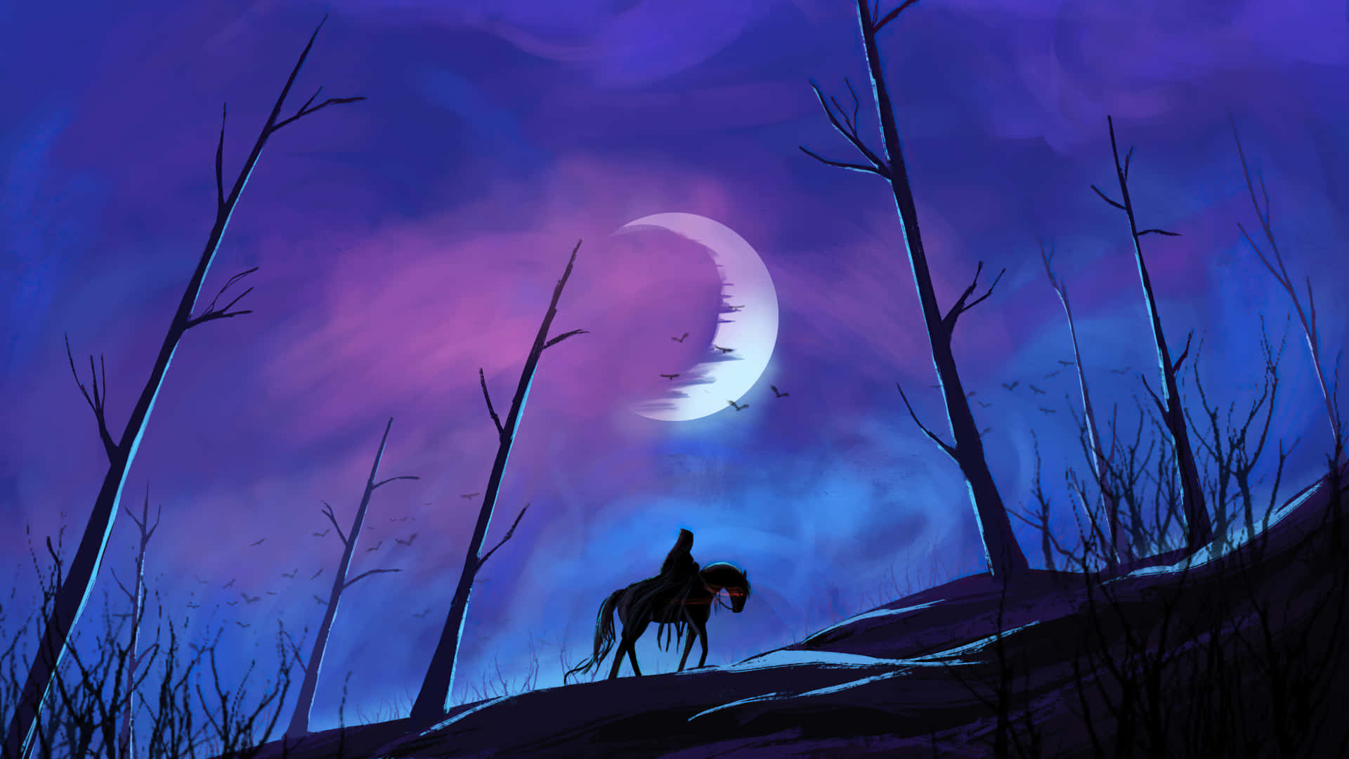 full moon, crescent moon, haunting purple and blue forest, Full HD Desktop Wallpaper