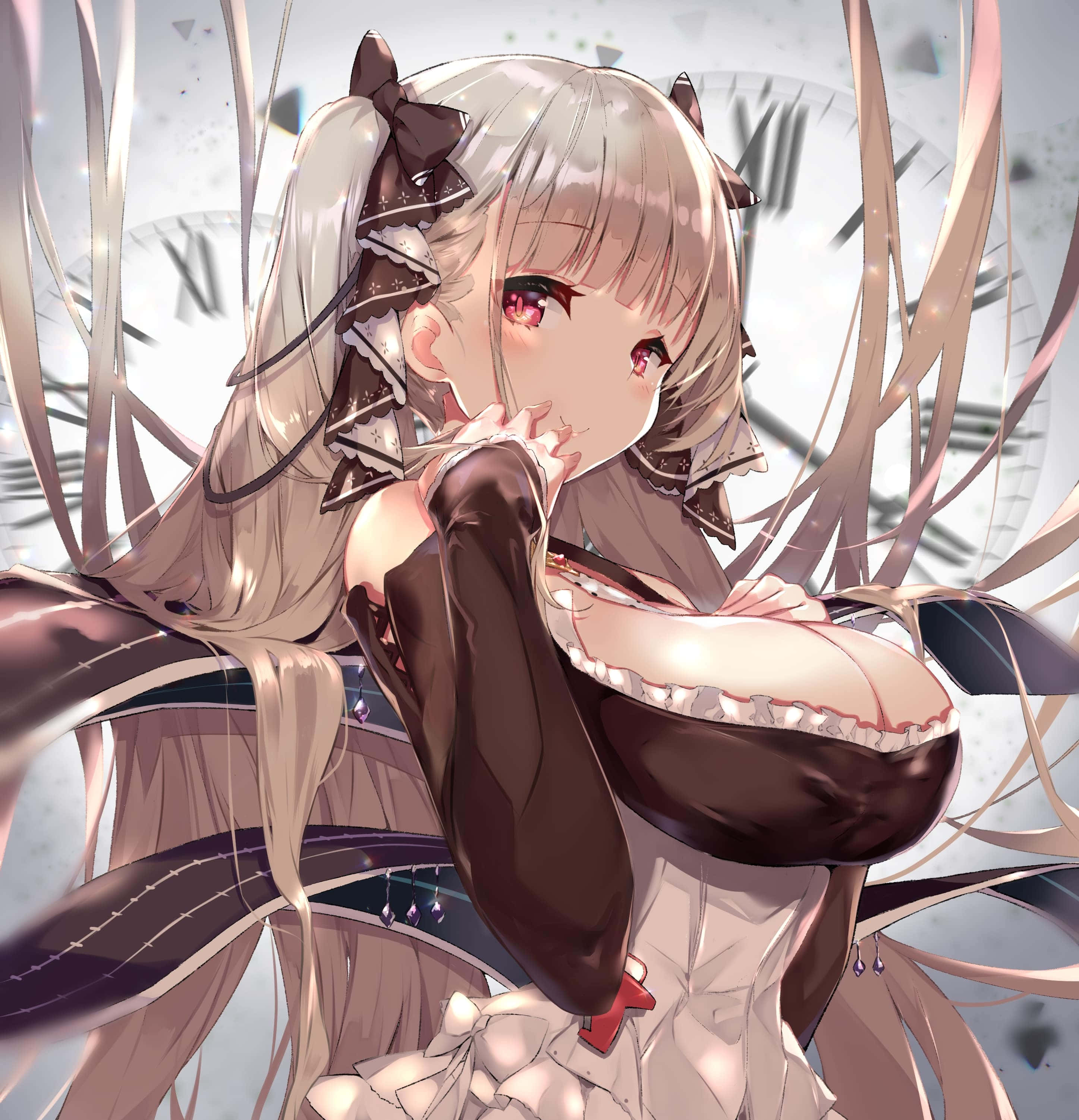 elegant anime girl, silver hair, red eyes, 2K Phone Wallpaper