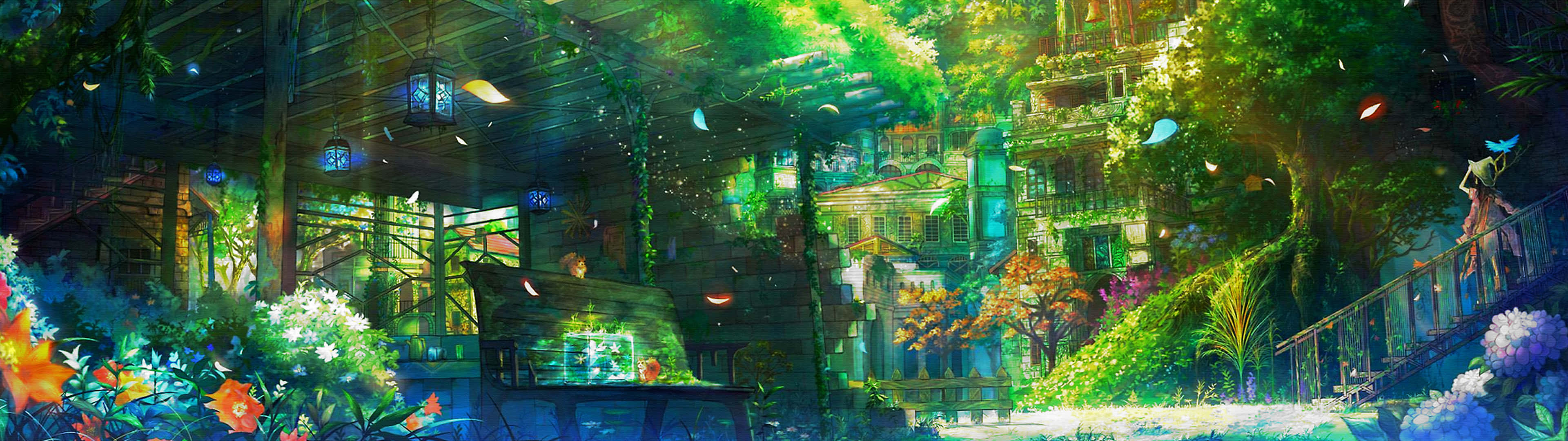 3840 x 1080, anime, floating village, 4K Desktop Wallpaper