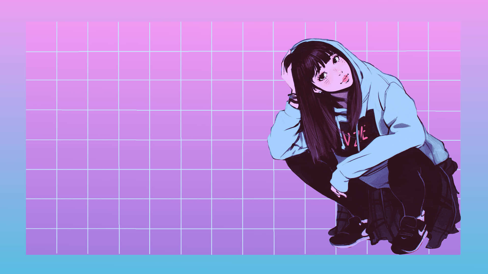 anime girl, hoodie, glowing pink and blue grid background, Full HD Desktop Wallpaper