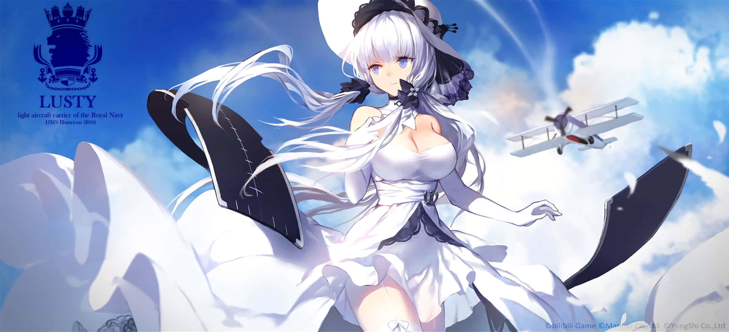 anime girl, white-haired, white dress, Full HD Desktop Wallpaper