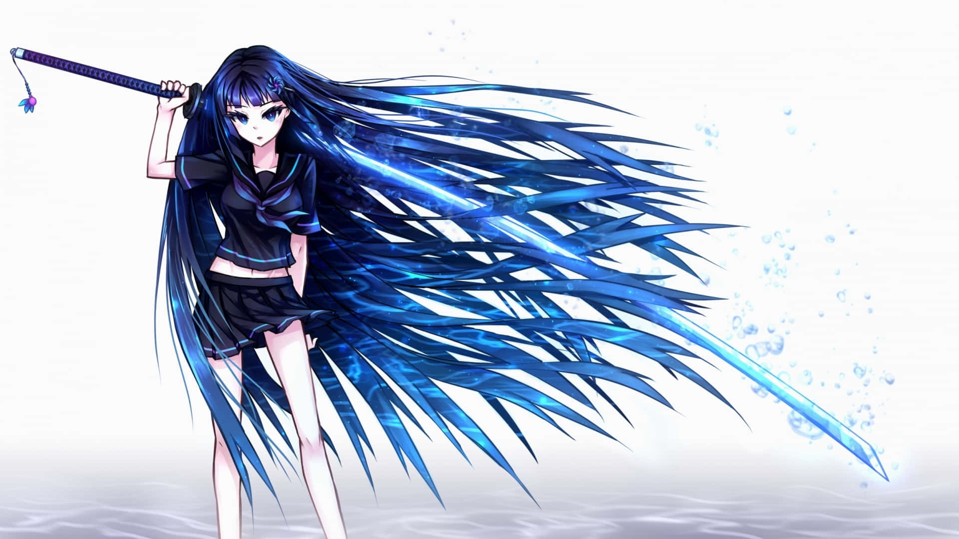 Anime girl, long blue hair, sword, Full HD Desktop Wallpaper