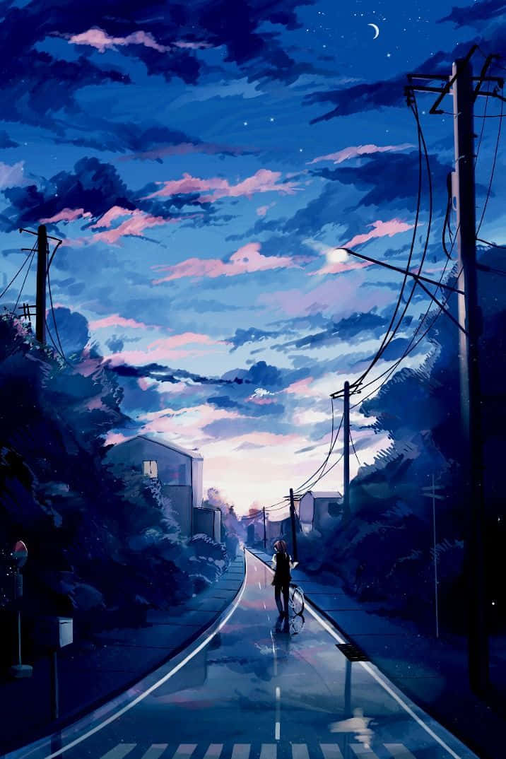 cool anime blue, twilight sky, pink clouds, SD Phone Wallpaper