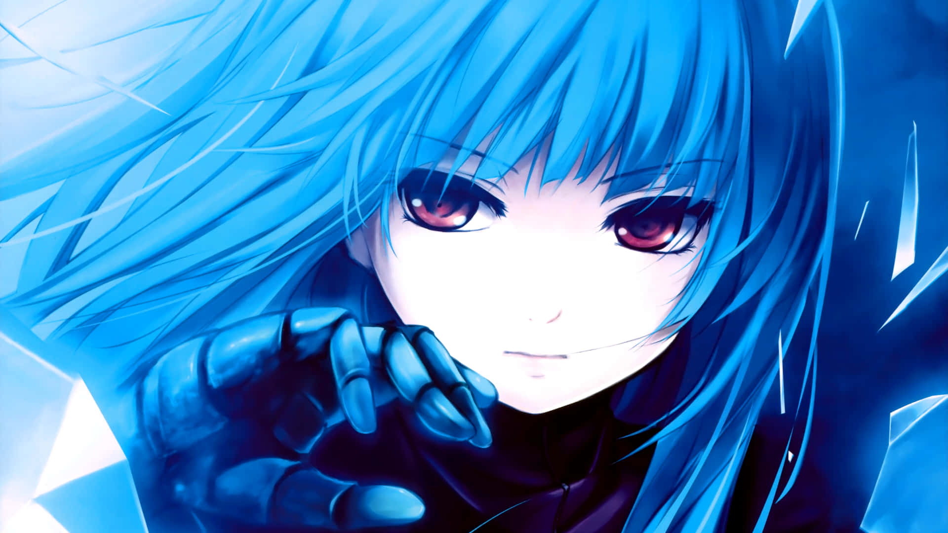 anime girl, vibrant blue hair, red eyes, Full HD Desktop Wallpaper