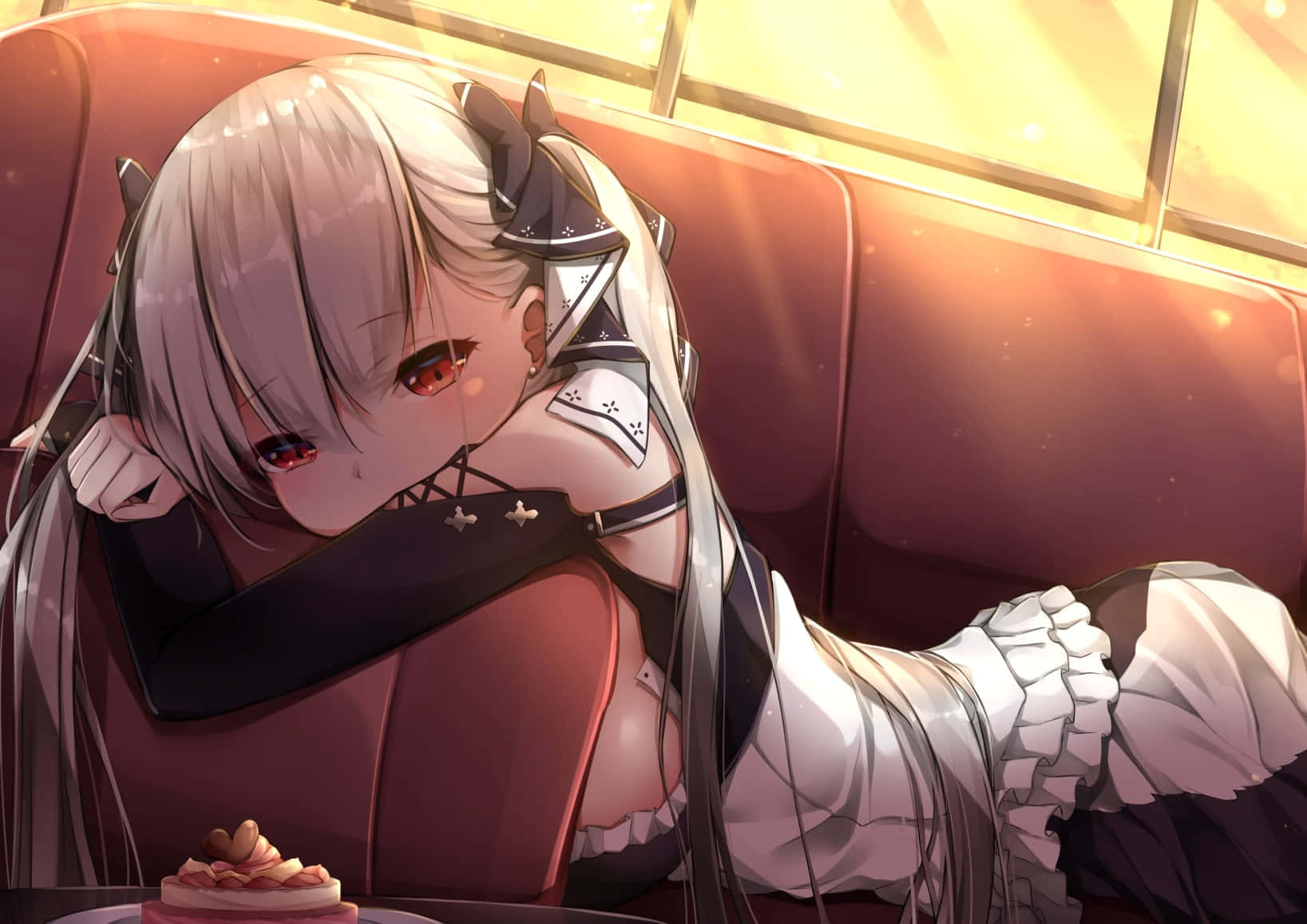 silver-haired anime girl, red eyes, plush red couch, HD Desktop Wallpaper