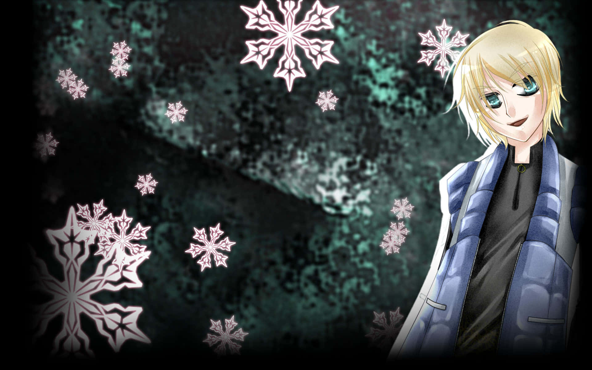 blonde anime character, glowing snowflakes, dark teal textured background, Full HD Desktop Wallpaper