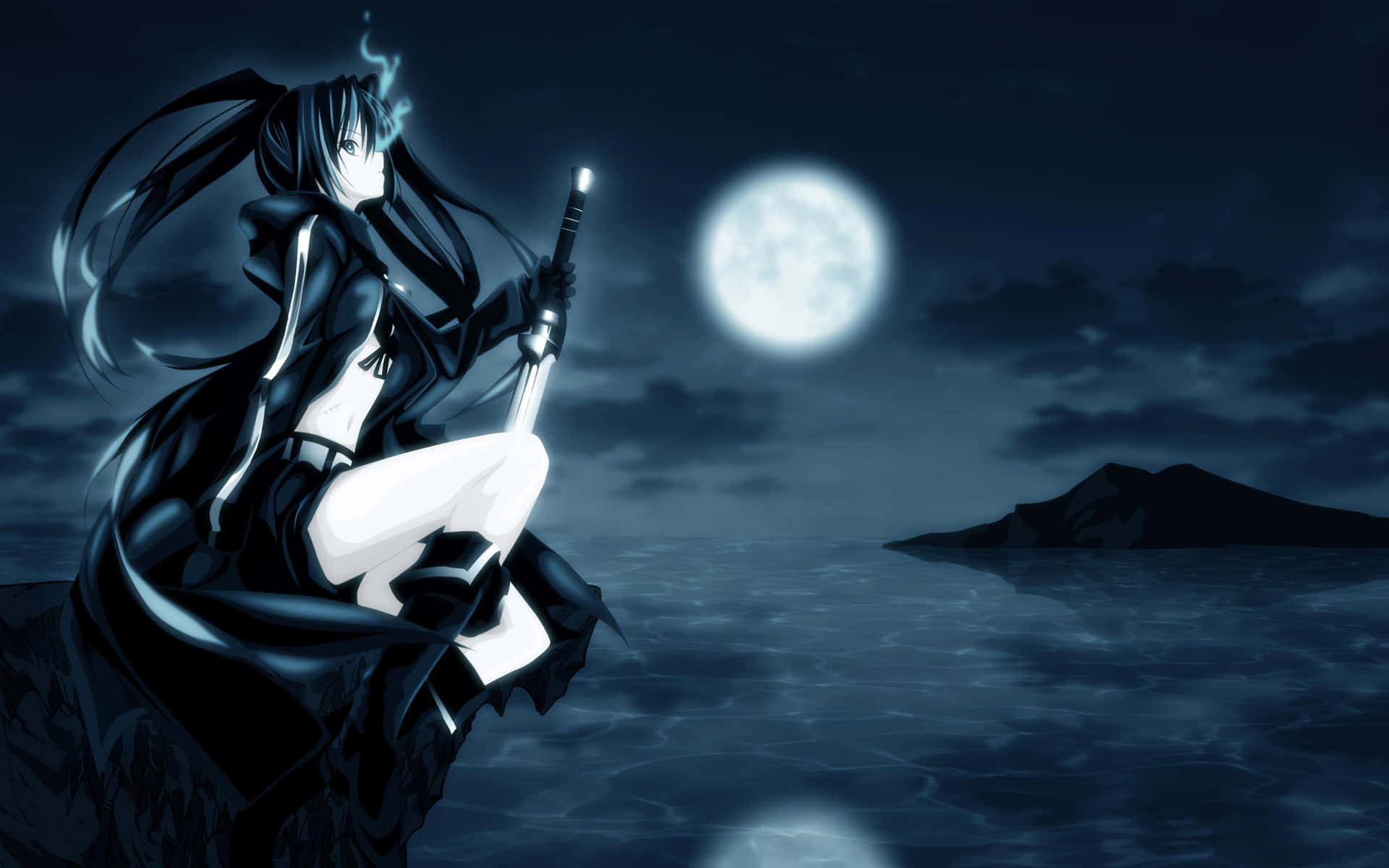anime girl, long black hair, sword, Full HD Desktop Wallpaper